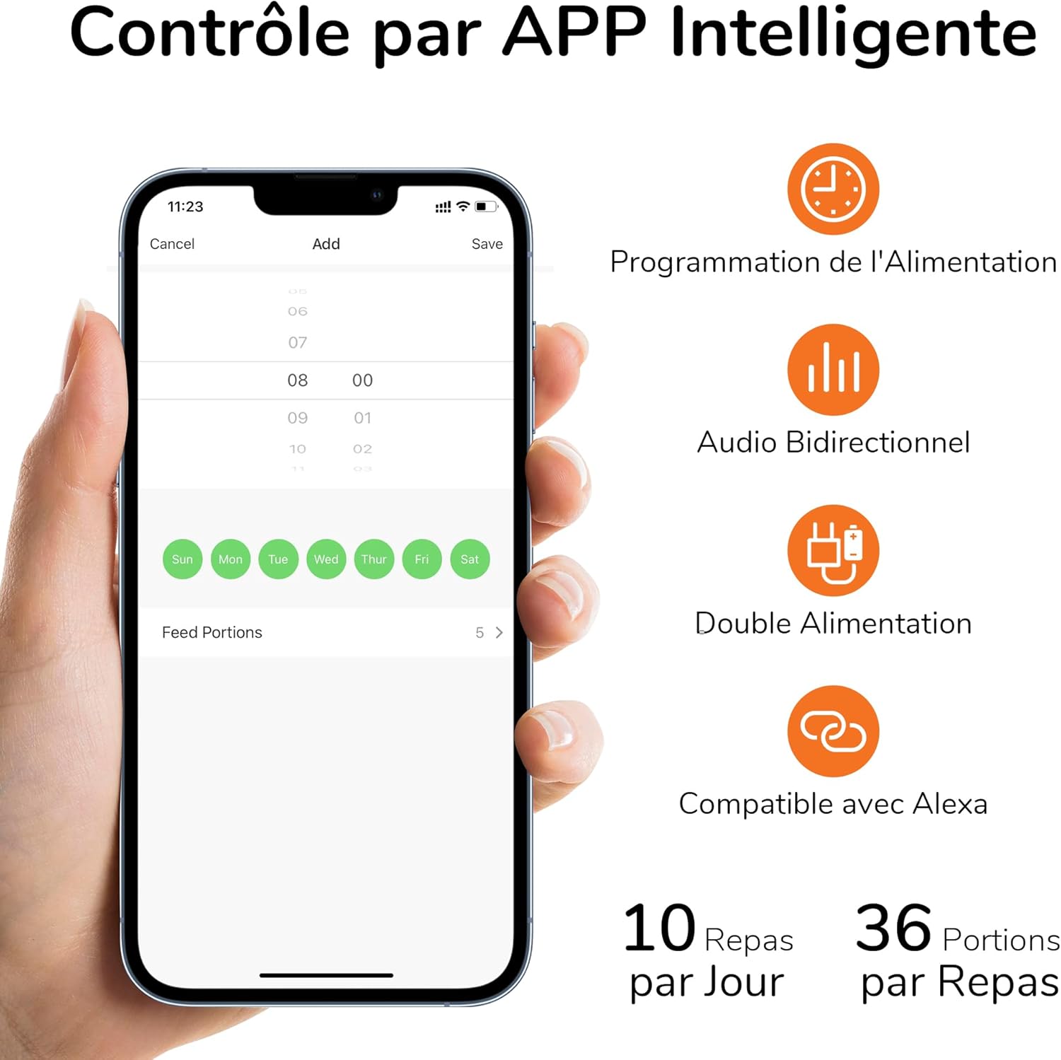 Interface de l'application Smartlife sur smartphone montrant la programmation des repas.