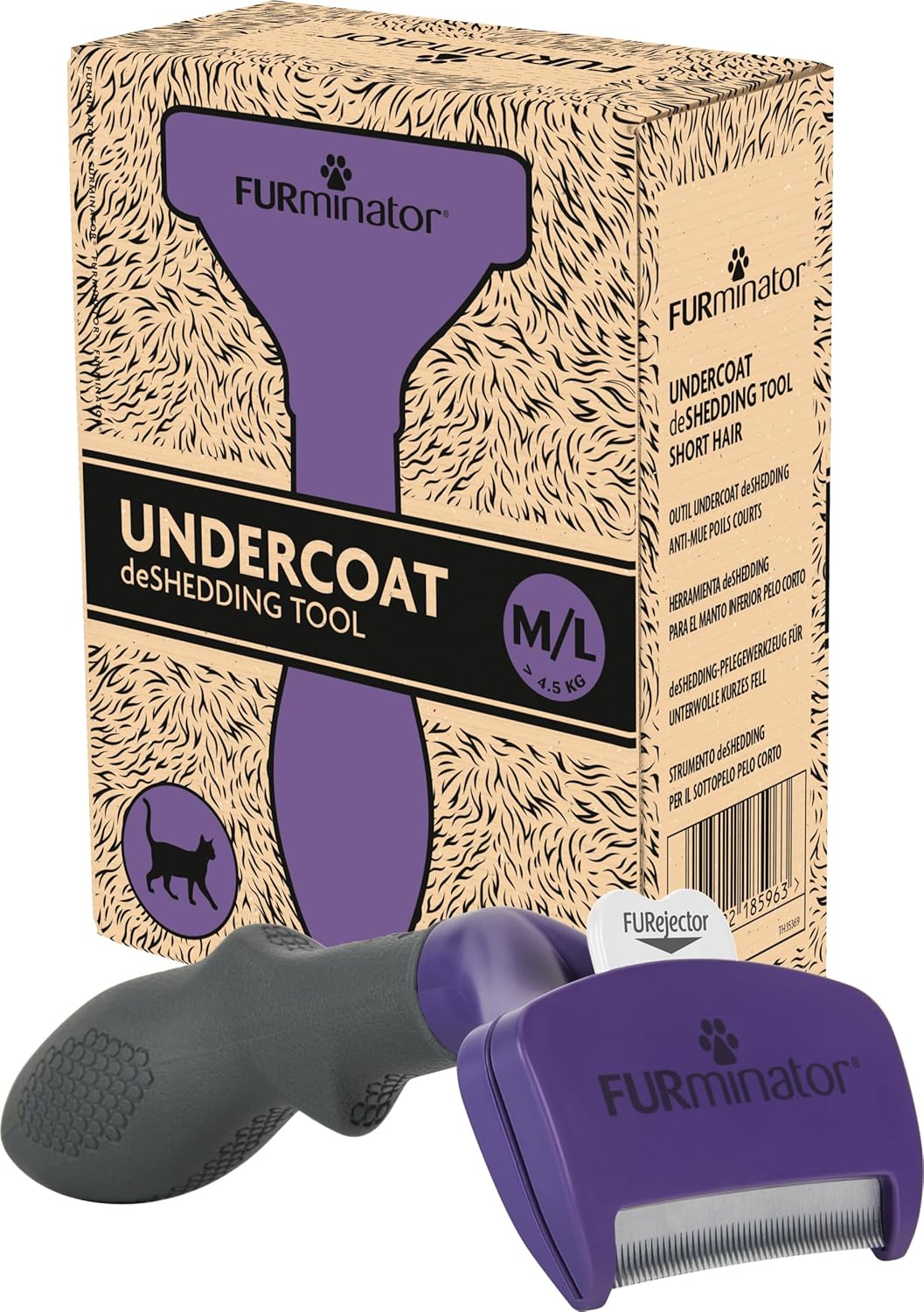 Brosse FURminator Undercoat taille M/L pour chat à poils courts, avec son emballage