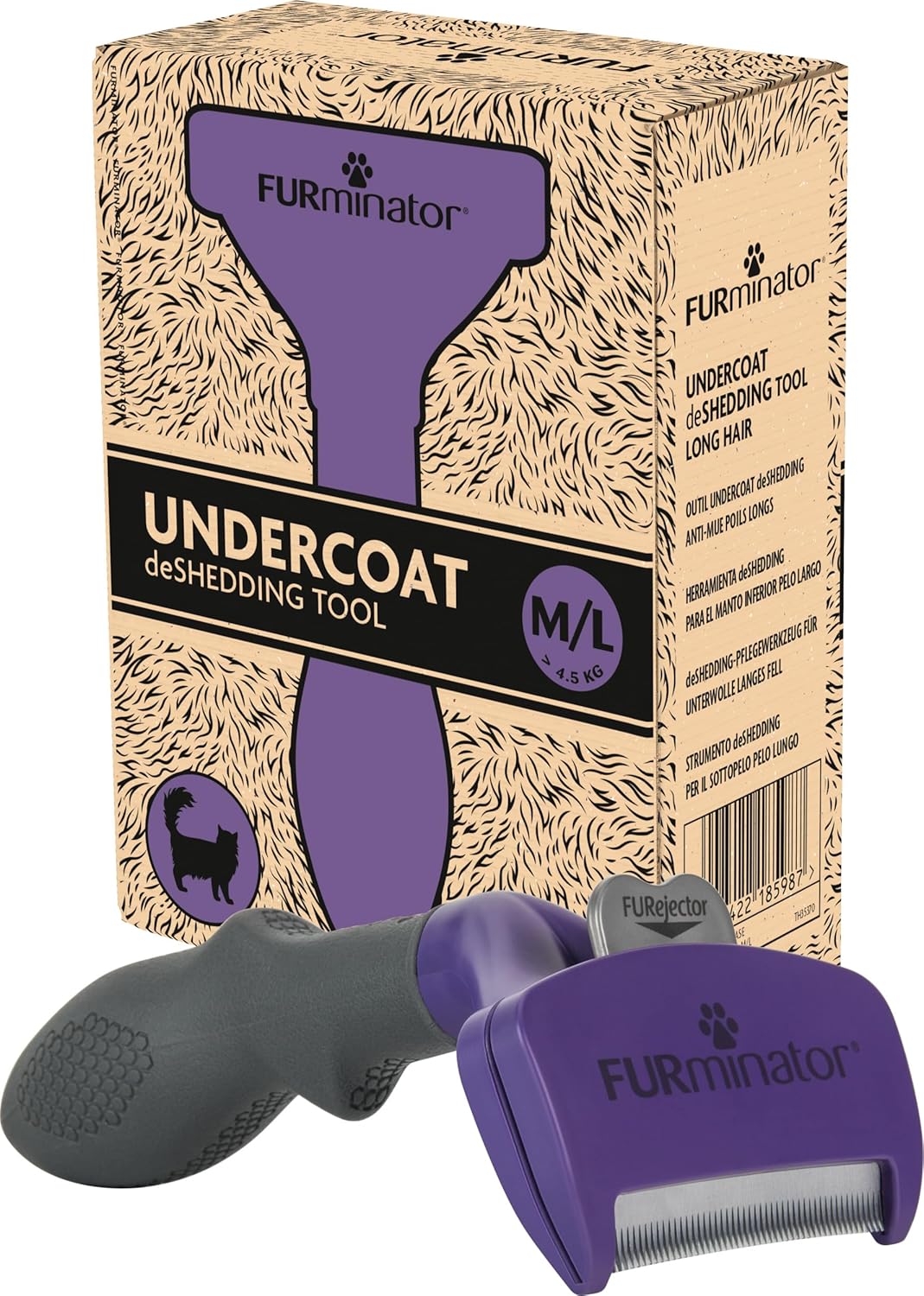 Boîte et outil Furminator pour chats à poils longs taille M/L, de couleur violette, montrant la lame en acier et le manche ergonomique.