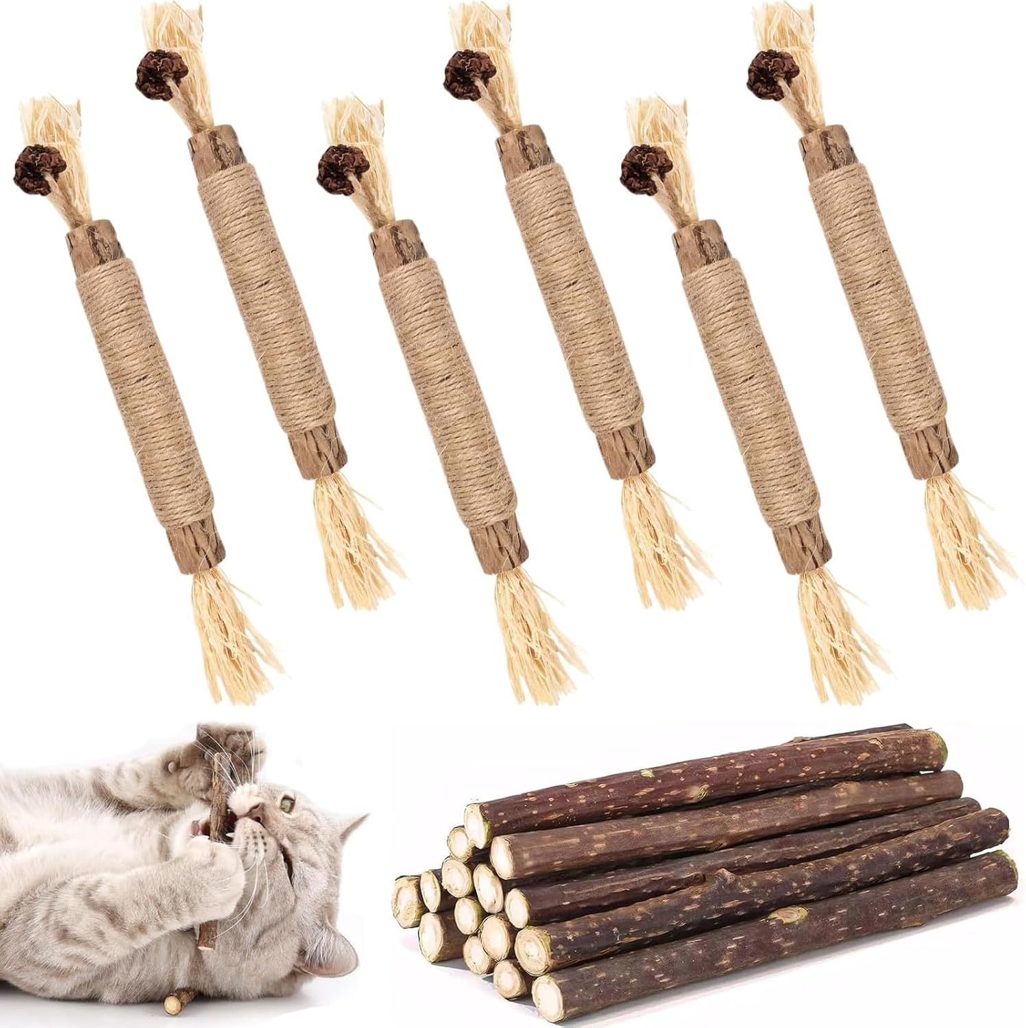 Vue d'ensemble des 6 bâtons de Matatabi avec sisal et des 15 petits bâtonnets simples, avec un chat en train de mastiquer.