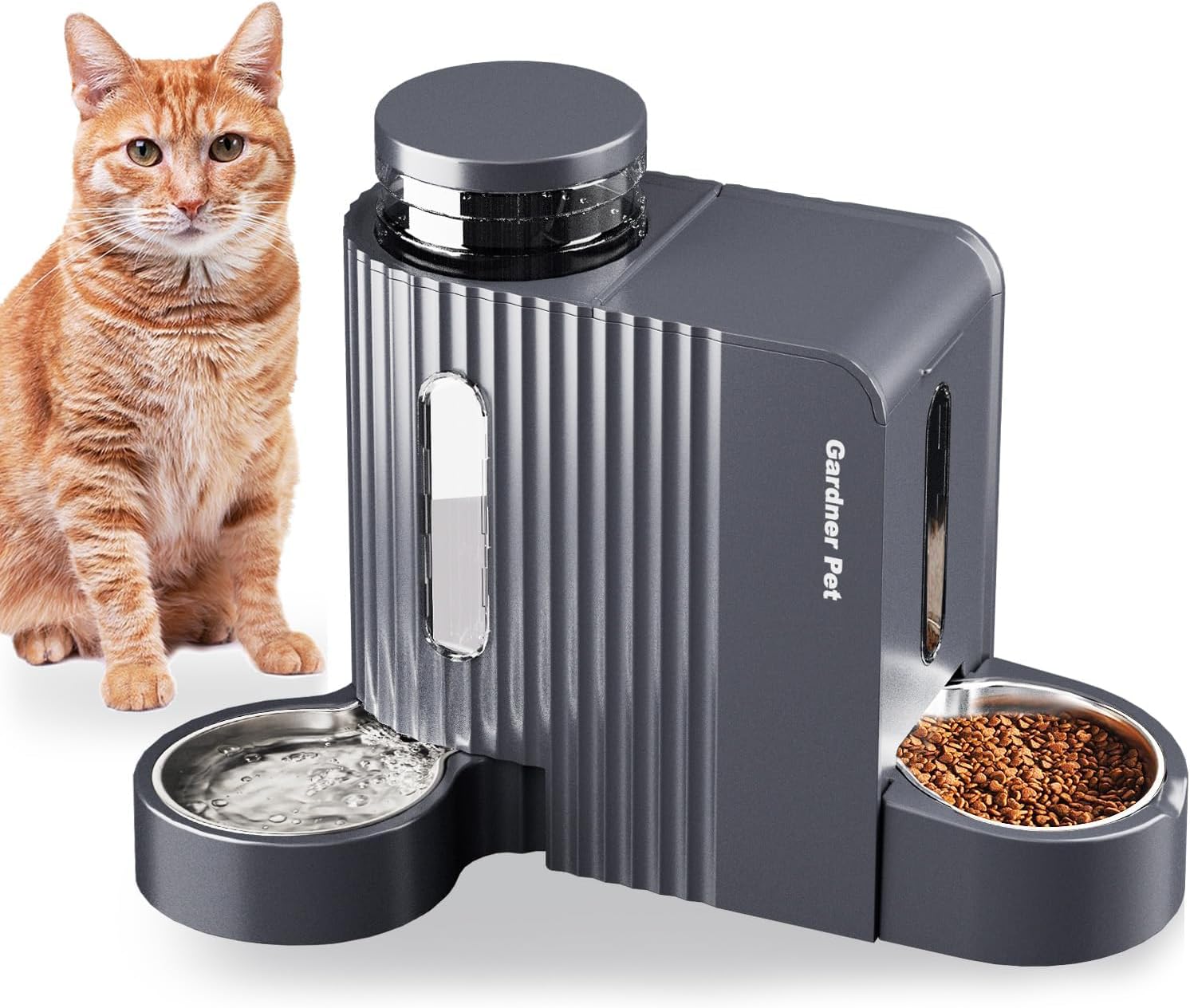 Distributeur 2-en-1 Gardner Pet gris pour croquettes et eau, illustré avec un chat roux