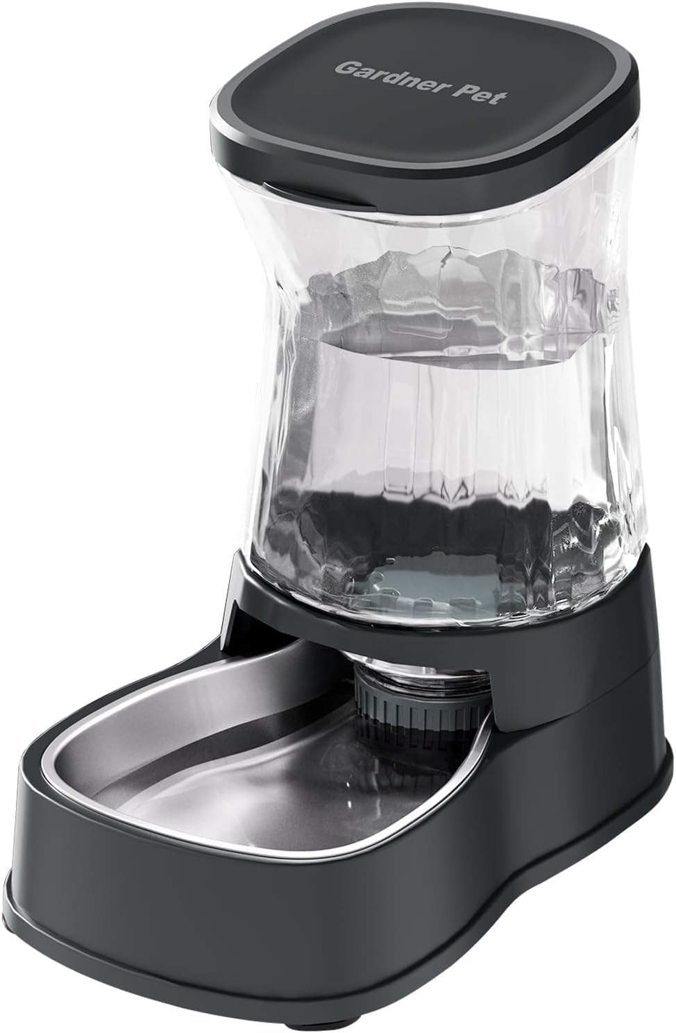 Distributeur d'eau par gravité Gardner Pet HK161 de trois quarts, montrant la gamelle en inox et le grand réservoir transparent.