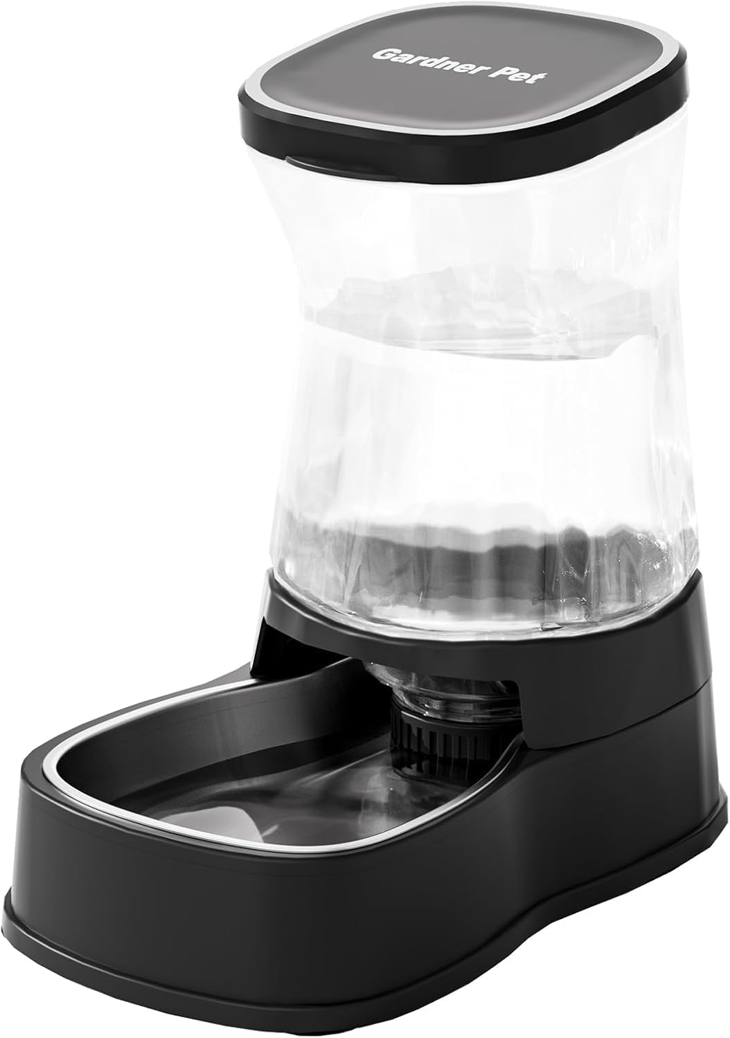 Vue rapprochée du distributeur d'eau Gardner Pet mettant en évidence la transparence de la réserve de 3,85L.