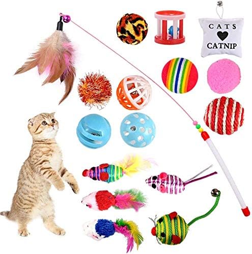 Assortiment de 16 jouets pour chat incluant des souris, des balles et des plumeaux