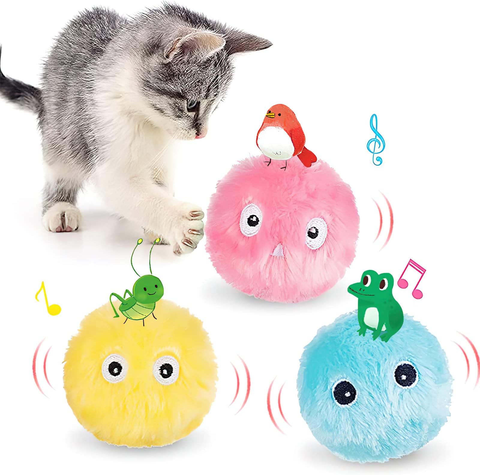 Chaton donnant un coup de patte à une balle en peluche rose avec un oiseau dessiné au-dessus.