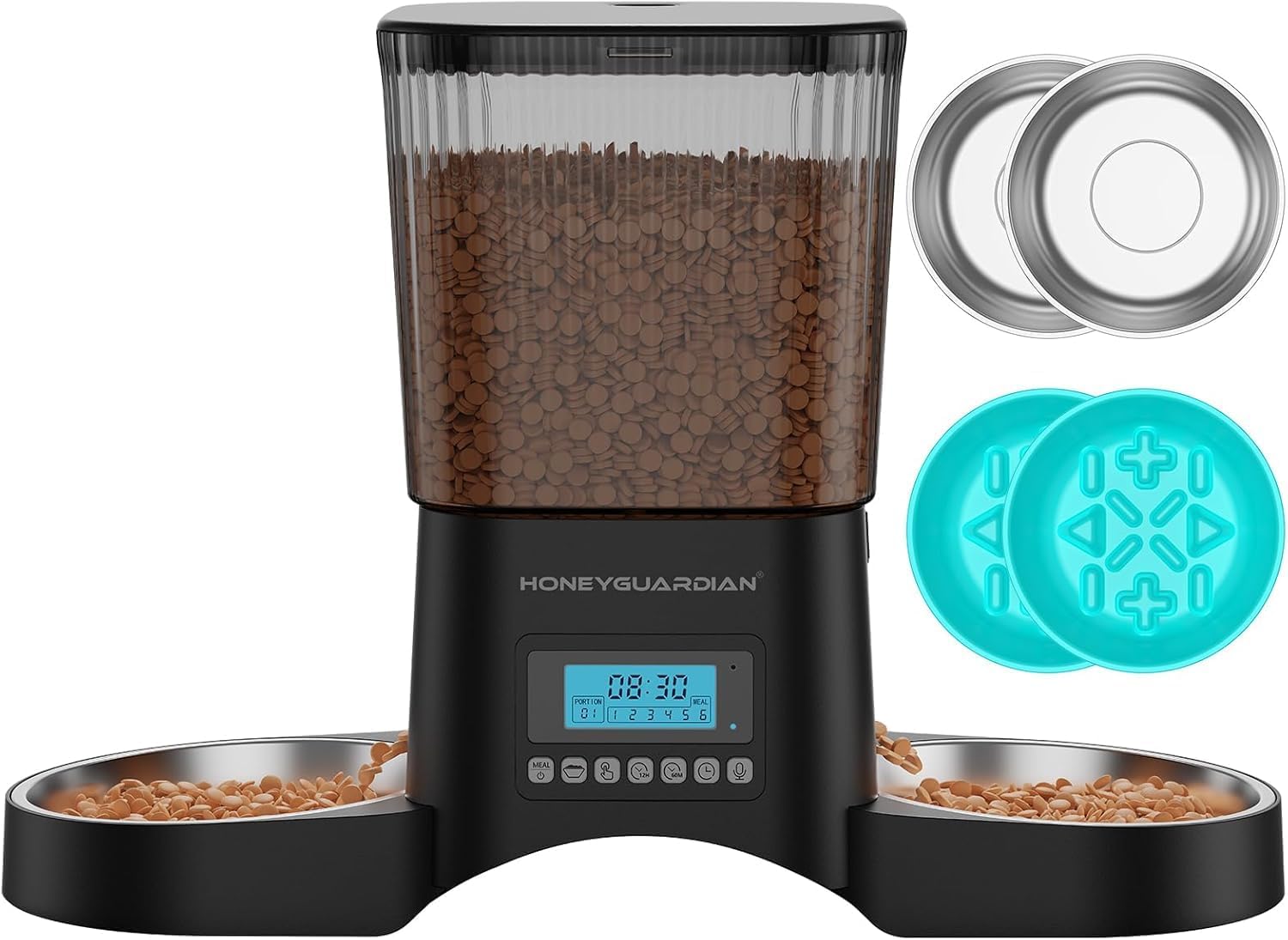 Distributeur HoneyGuaridan A25D de face avec ses deux gamelles opposées et ses accessoires