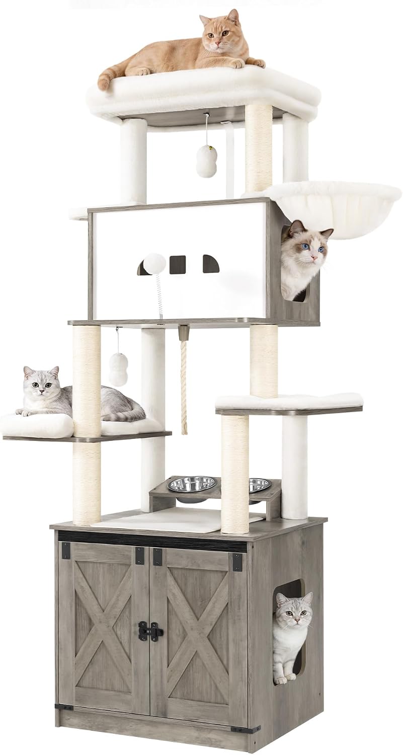 Arbre à chat Hzuaneri CB89014WT blanc et marron avec meuble litière intégré