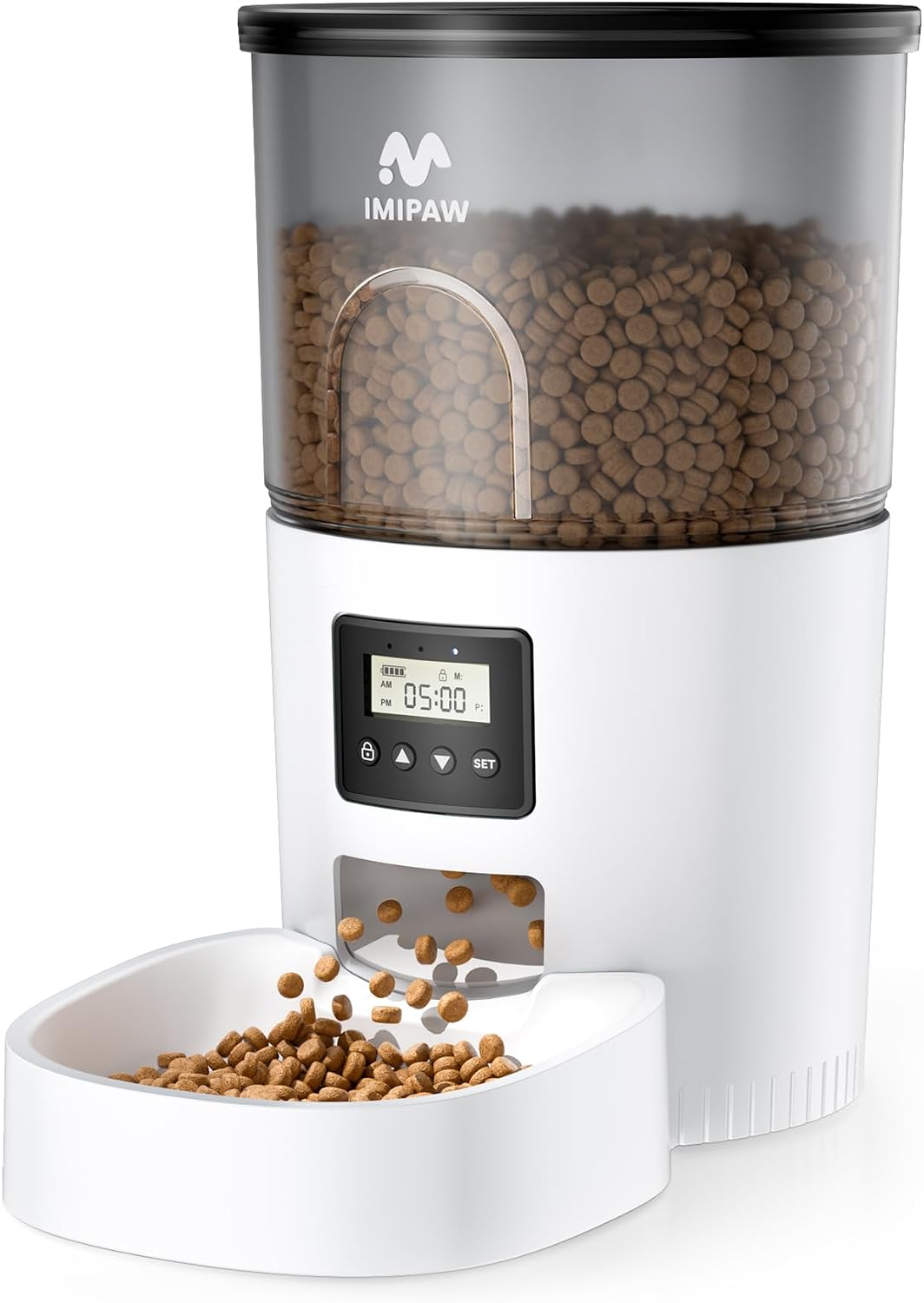Distributeur automatique IMIPAW noir avec deux bols remplis de croquettes