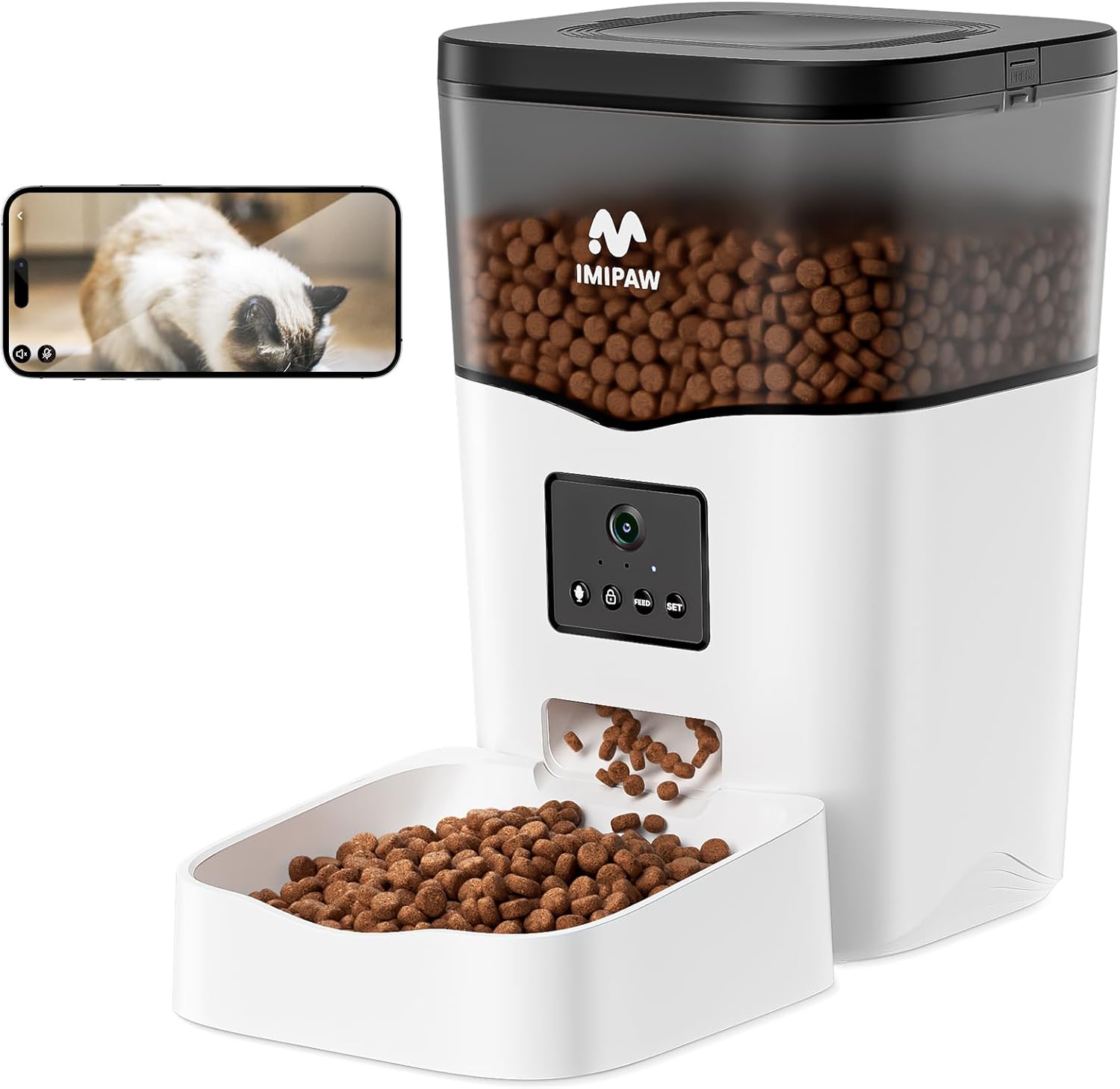 Distributeur automatique de croquettes IMIPAW blanc avec caméra intégrée et vue de l'application sur smartphone montrant un chat