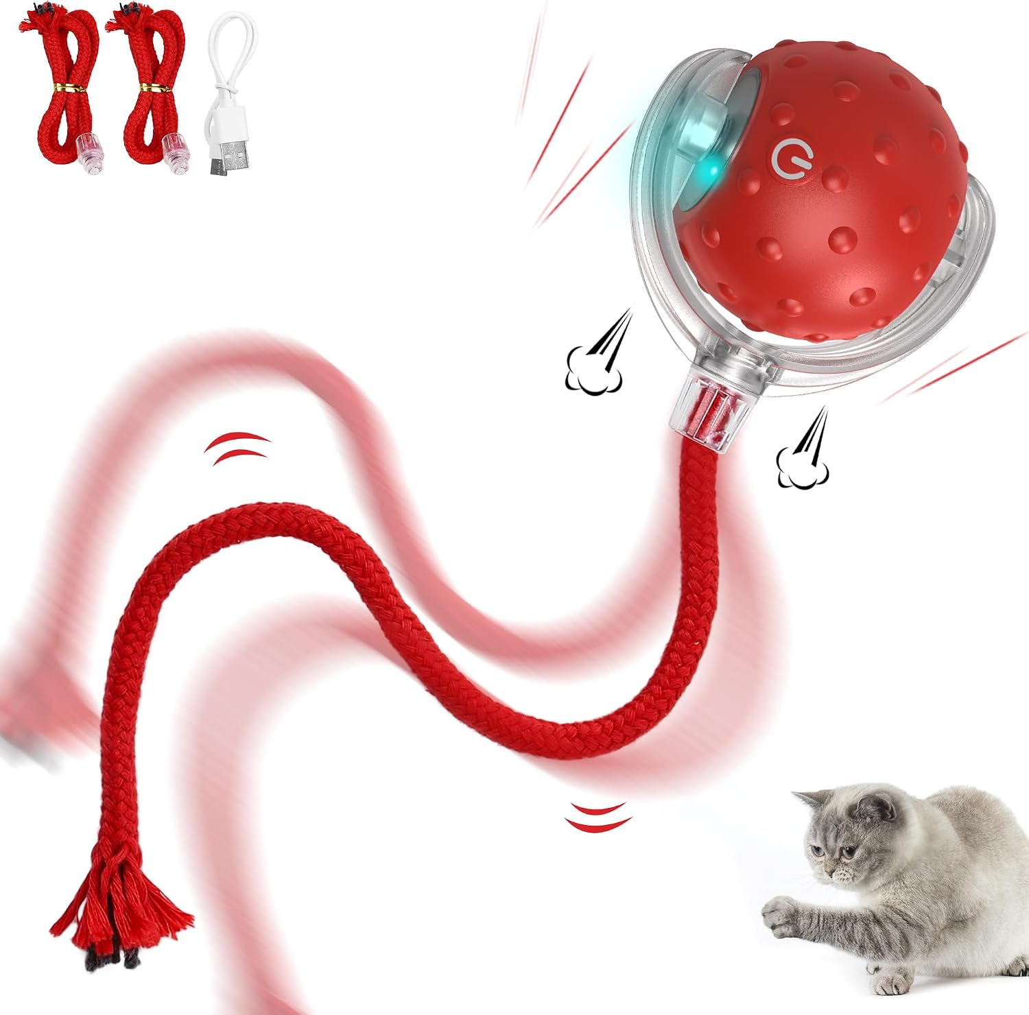 La balle interactive Iokheira L02 avec sa cordelette rouge et son câble de recharge USB