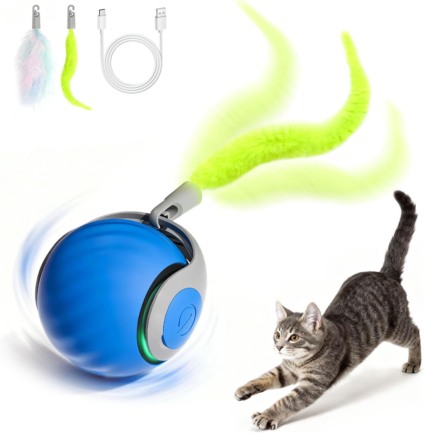 Balle interactive bleue avec queue duveteuse verte et câble de recharge USB