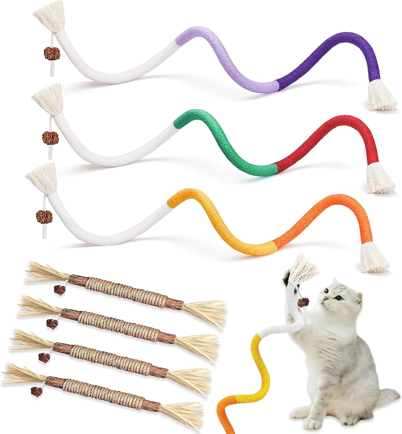 Ensemble de 3 cordes en coton colorées et 4 bâtonnets à mâcher pour chat