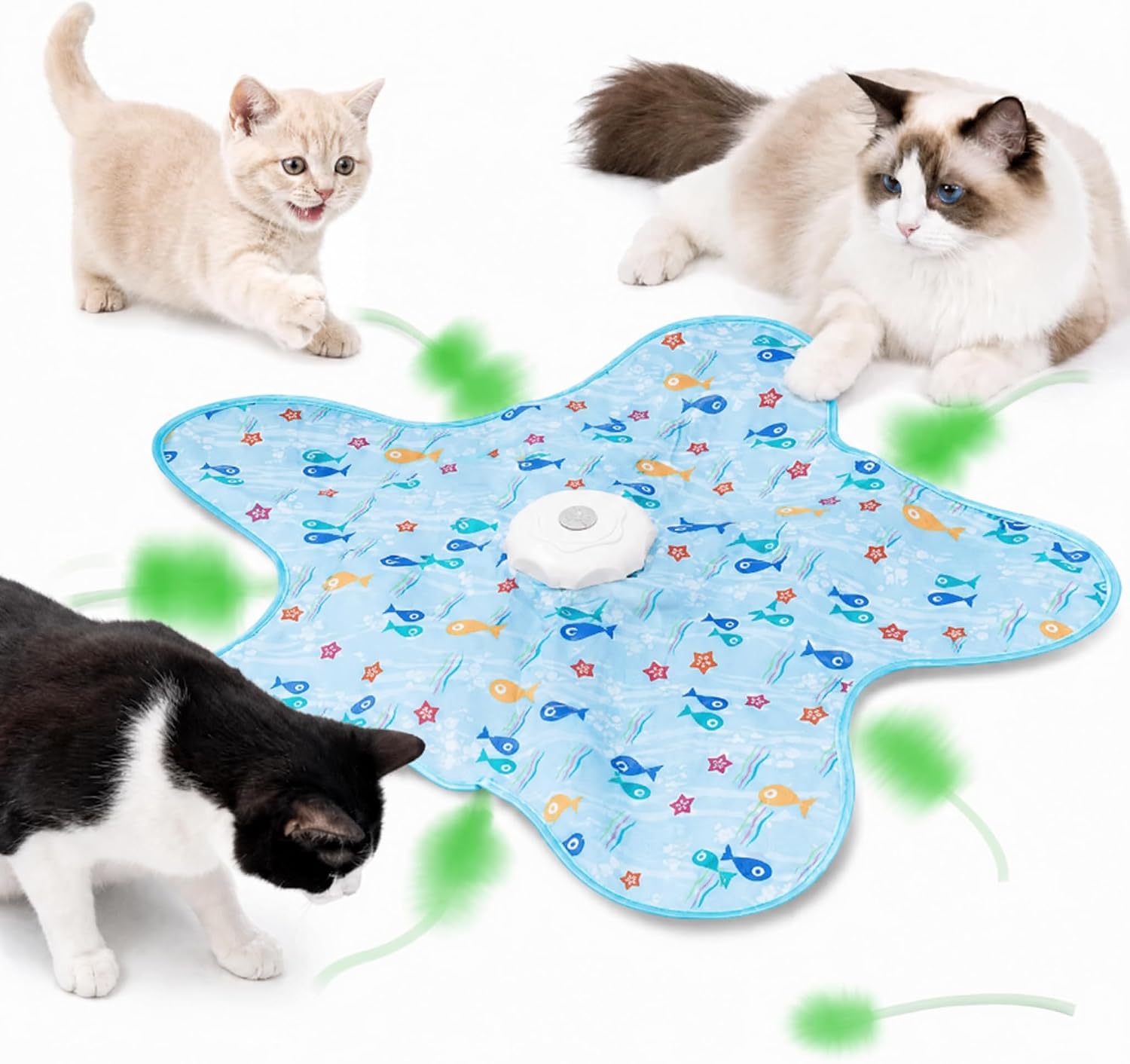 Trois chats jouant autour du jouet interactif Boyfield en forme d'étoile bleue