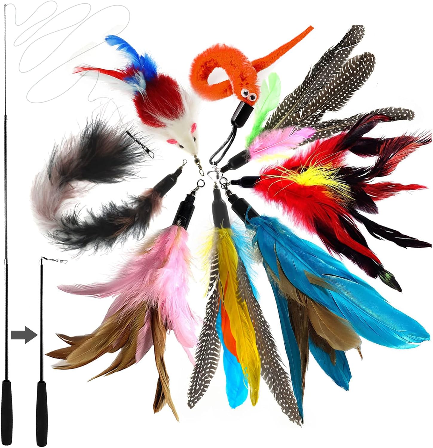 Canne à pêche télescopique Onebarleycorn présentée avec ses 8 embouts interchangeables disposés en cercle.