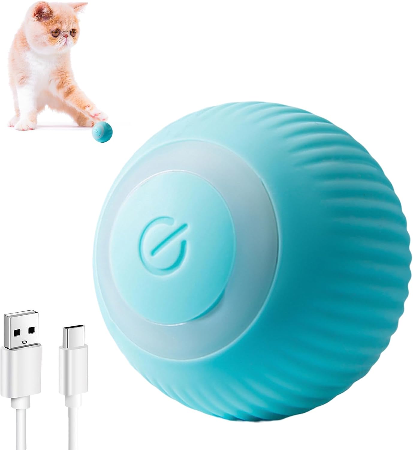 Gros plan sur la balle en silicone ILantule et son câble de charge USB.