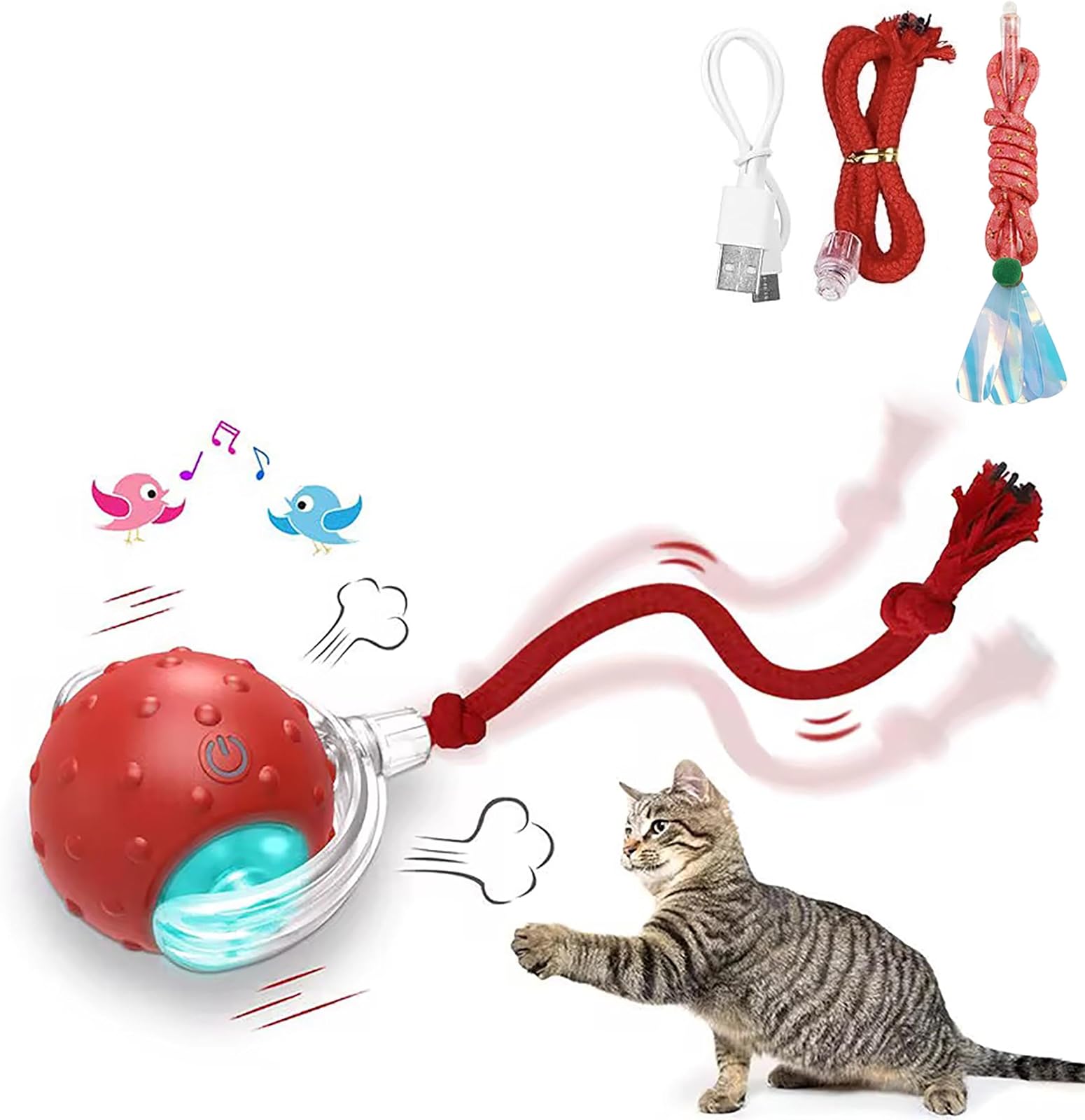 La balle interactive rouge avec sa queue en action devant un chat.