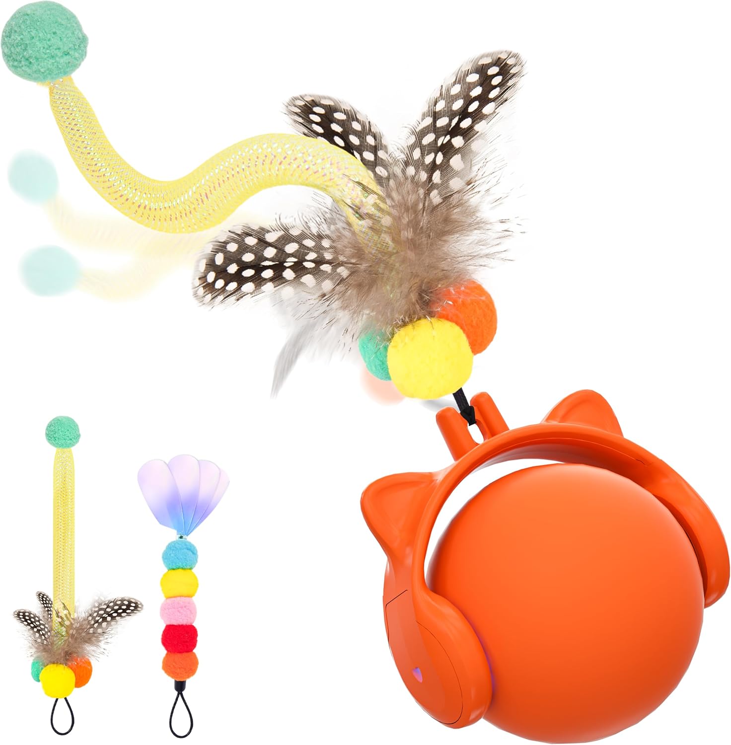 Balle automatique pour chat GoldenSun T93-O de couleur orange avec sa queue en plumes