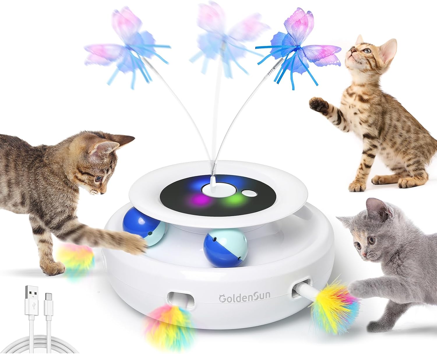 Chatons jouant avec le jouet interactif 3 en 1 GoldenSun, montrant les balles, la plume et les papillons.