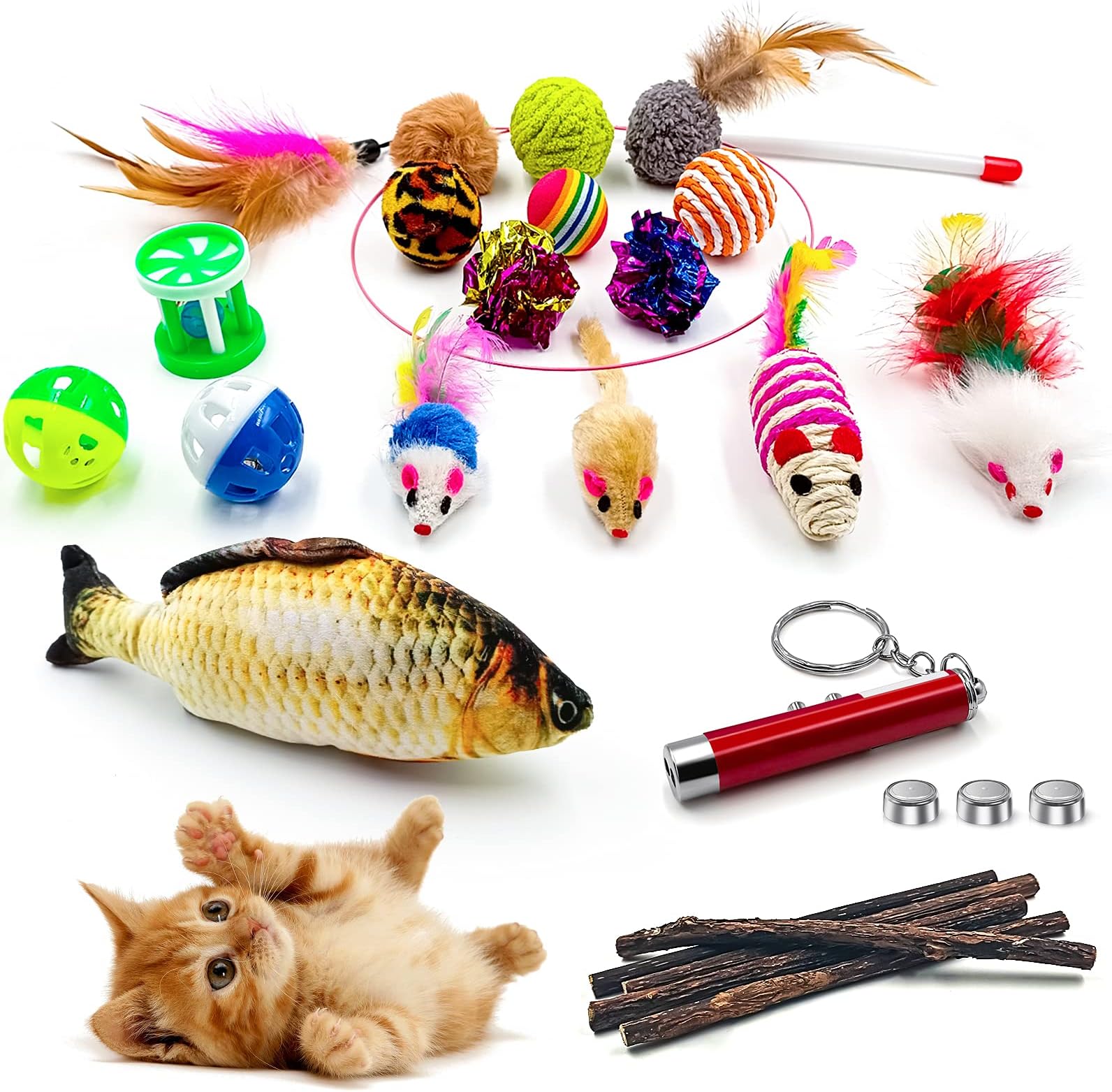 Vue d'ensemble des 23 jouets pour chat GaiusiKaisa incluant balles, souris, canne à pêche, poisson en peluche et bâtonnets de matatabi