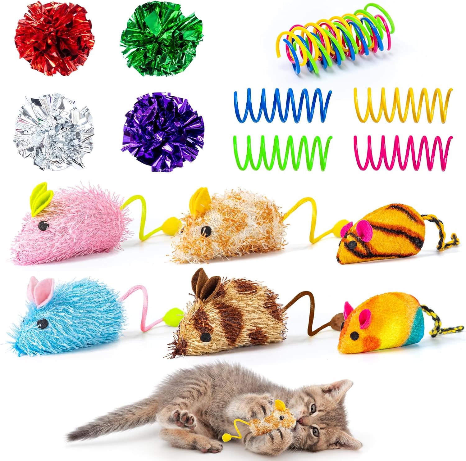 Vue d'ensemble des 14 jouets pour chat comprenant des souris, des ressorts et des balles froissées