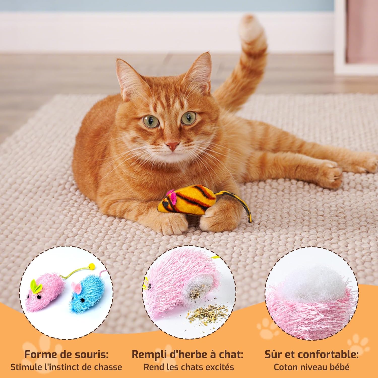 Détail de la composition d'une souris en peluche montrant le rembourrage en coton et l'herbe à chat