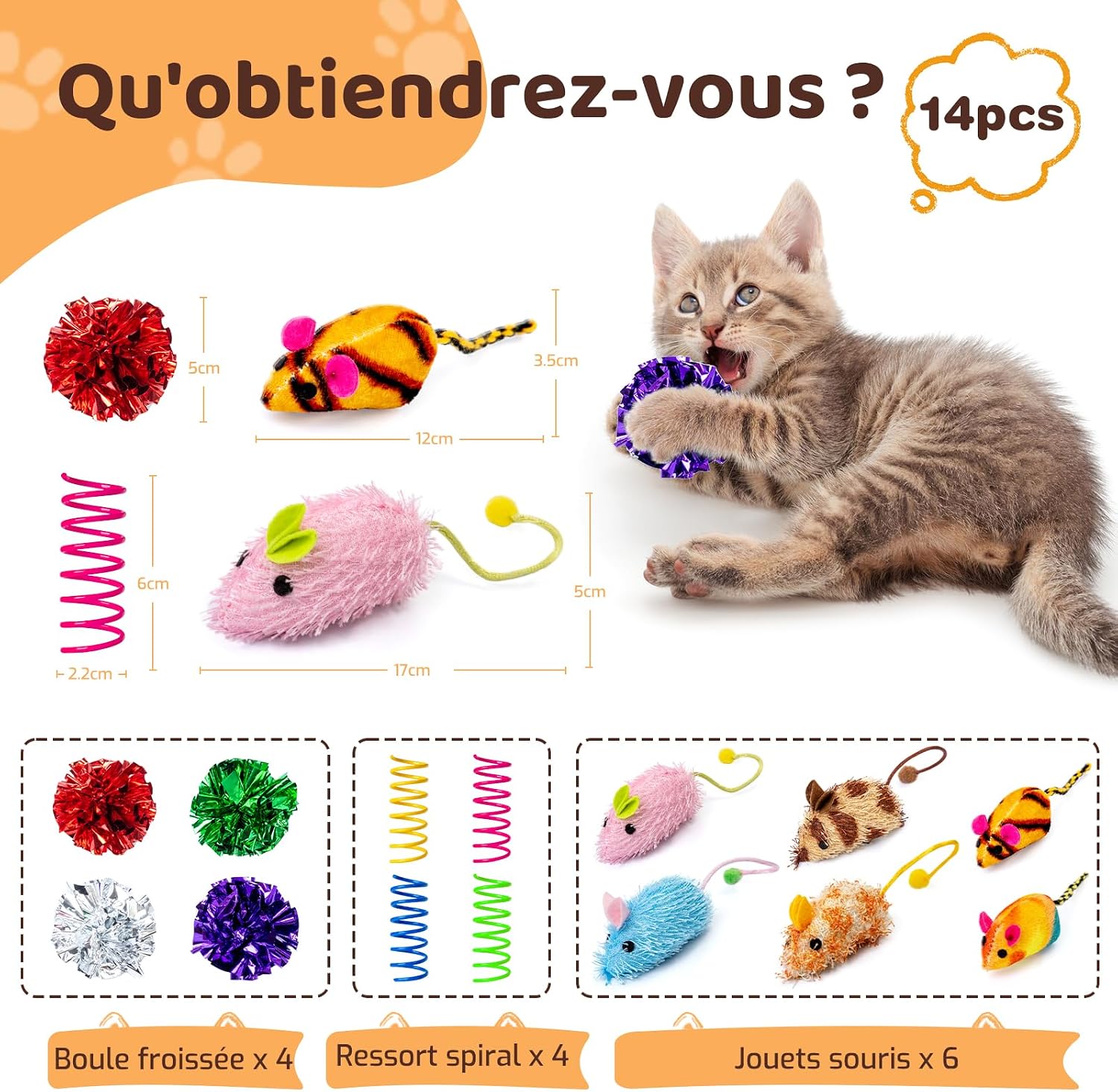 Dimensions détaillées des différents jouets et illustration d'un chaton jouant avec une balle froissée