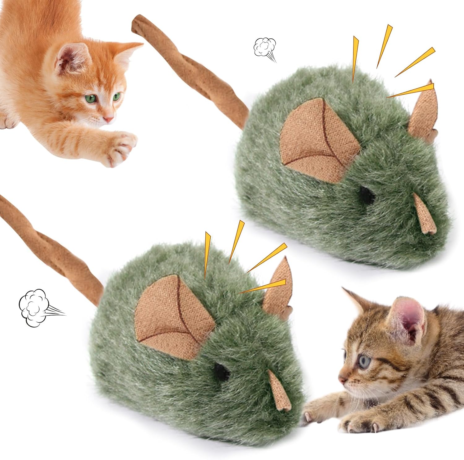 Souris en peluche Seasboes avec illustrations de couinement, observées par des chatons
