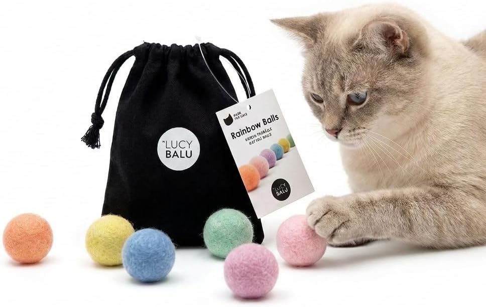 Un chat gris observant attentivement six balles en laine pastel accompagnées d'un petit sac de rangement en coton noir estampillé LucyBalu.
