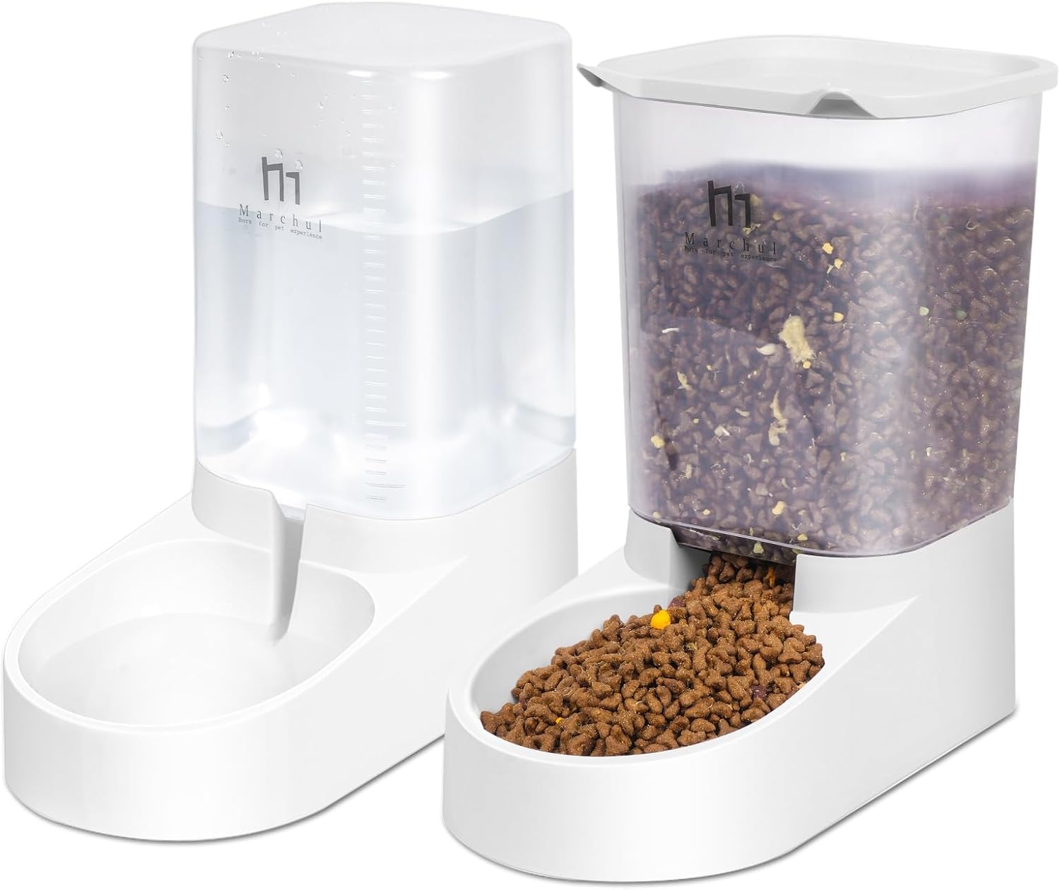 Vue d'ensemble des deux distributeurs automatiques Marchul pour l'eau et les croquettes