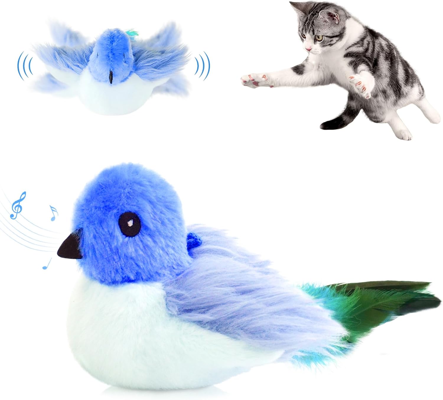 Oiseau interactif Migipaws vert et jaune avec plumes, illustrant les battements d'ailes et un chat en train de jouer.
