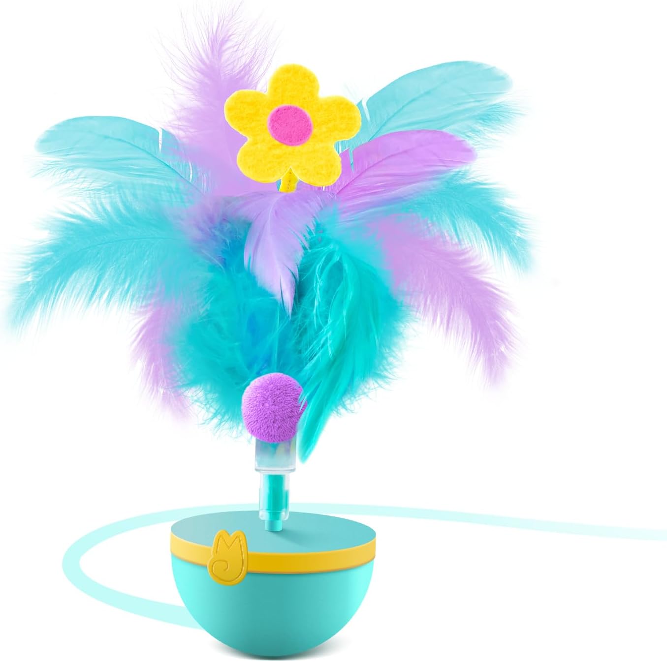 Jouet culbuto violet pour chat avec base arrondie et bouquet de plumes colorées surmonté d'une fleur
