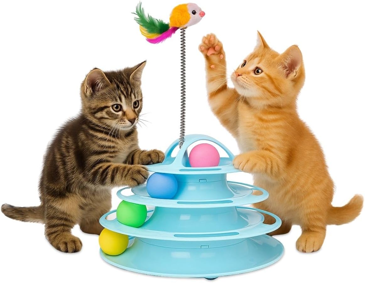 Deux jeunes chats jouant avec la tour interactive bleue Mobiclinic avec balles et plumeau supérieur