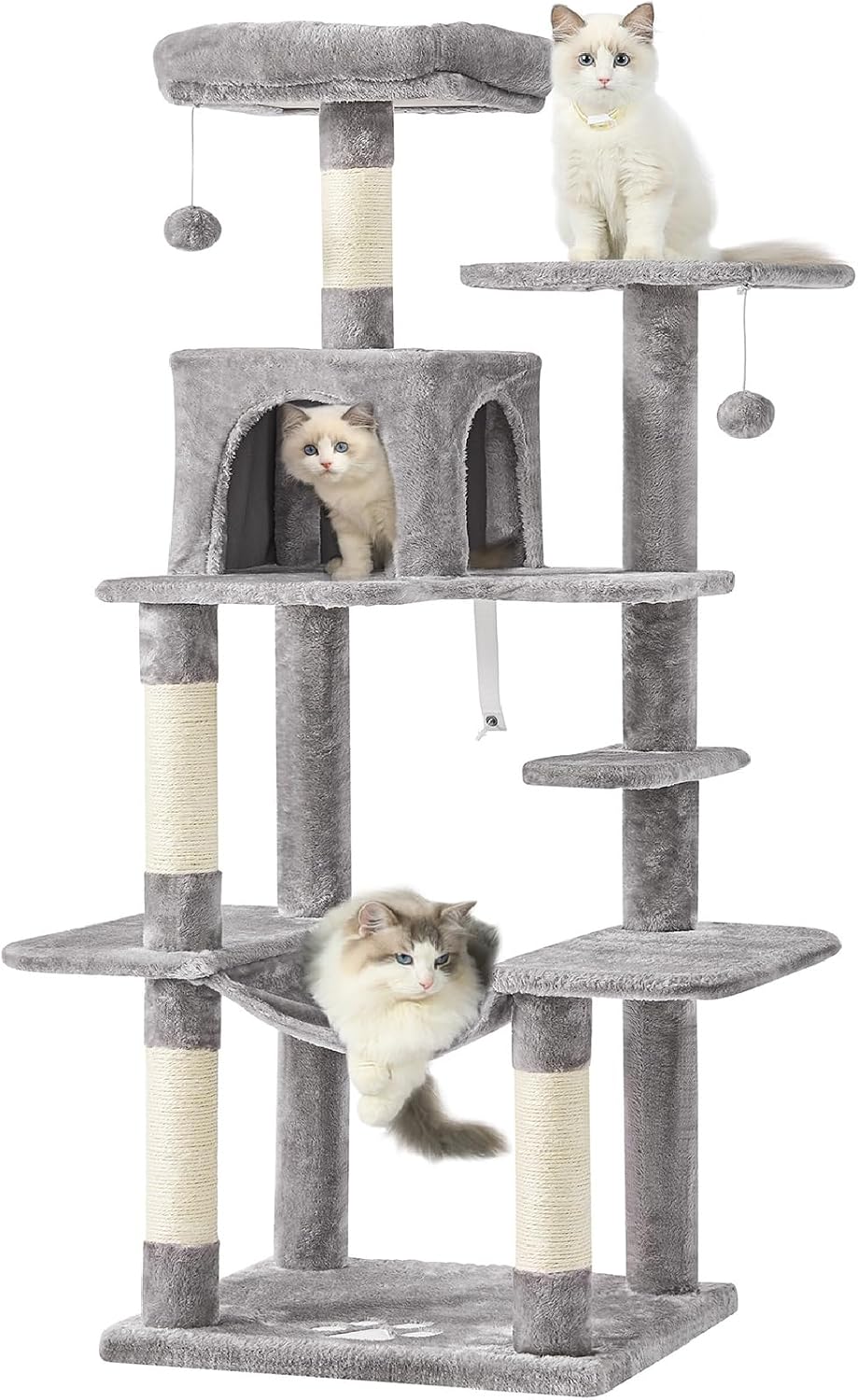 Arbre à chat MSmask MS4655 gris clair avec trois niveaux, niche, hamac et colonnes en sisal