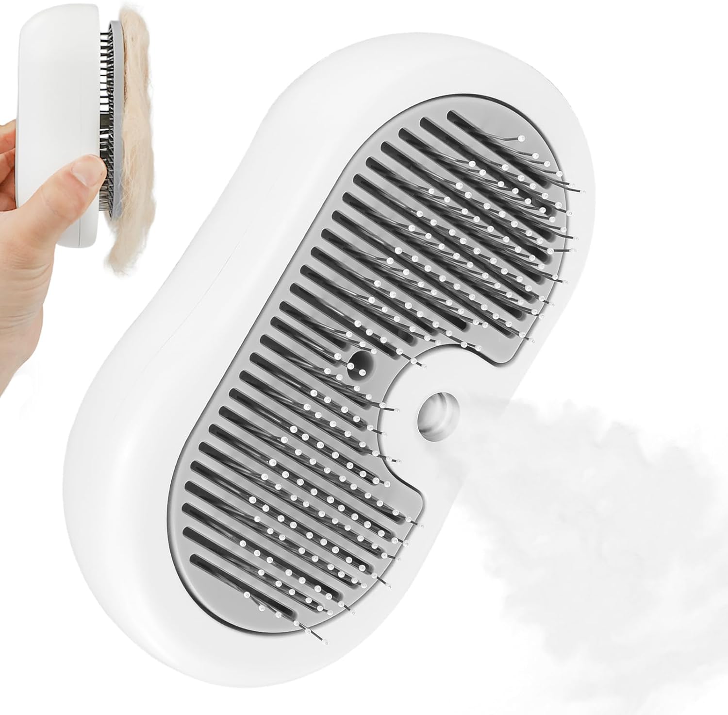 Brosse vapeur Nepfaivy montrant la diffusion de la brume froide et le coussin de poils retiré