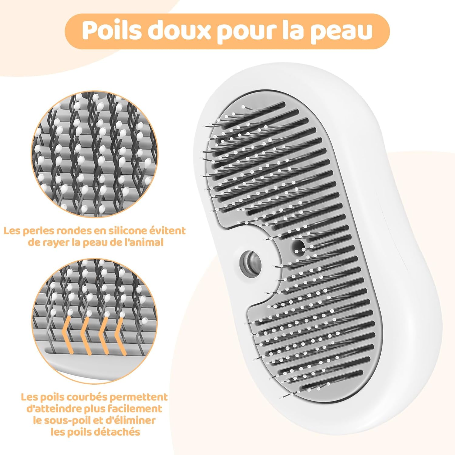 Détail des picots courbés en acier inoxydable avec embouts ronds en silicone