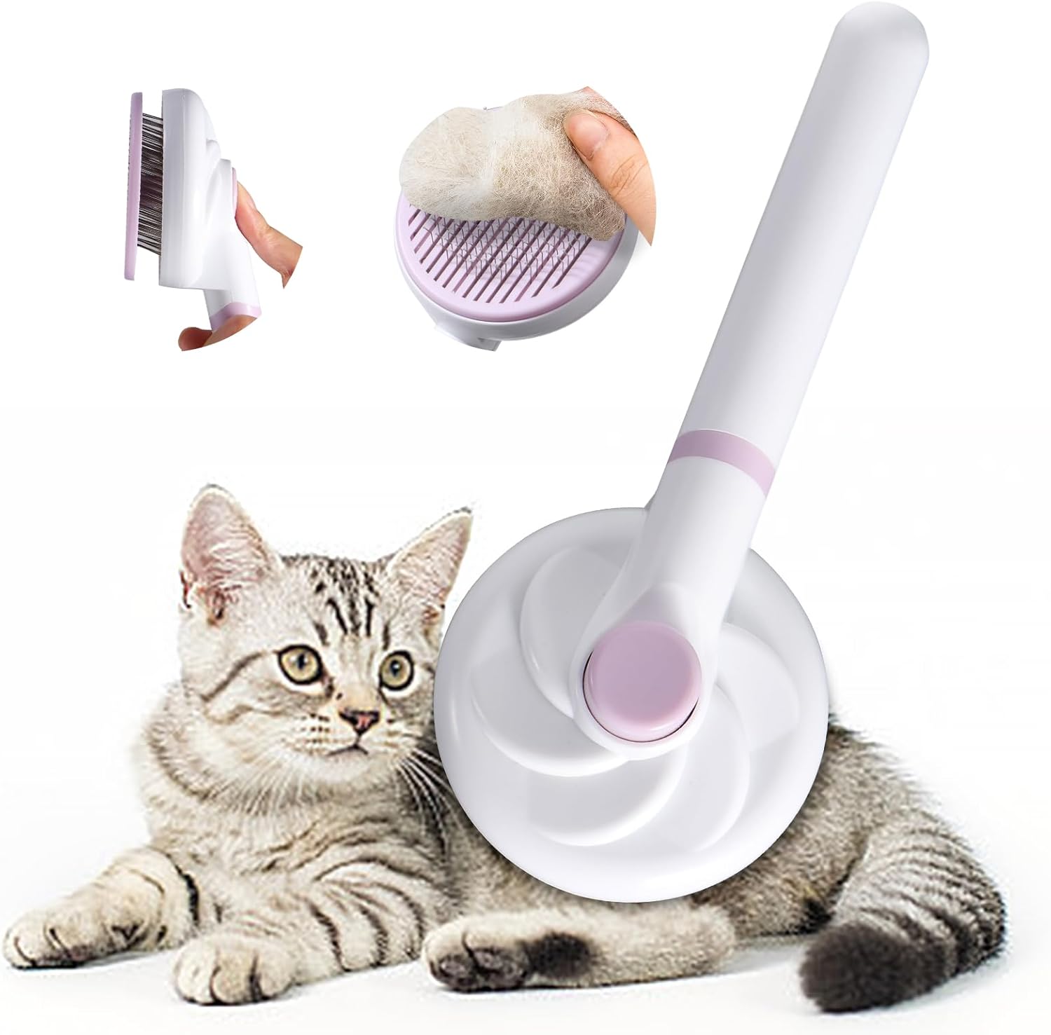 Démonstration du système d'éjection des poils de la brosse Oderra au-dessus d'un chat