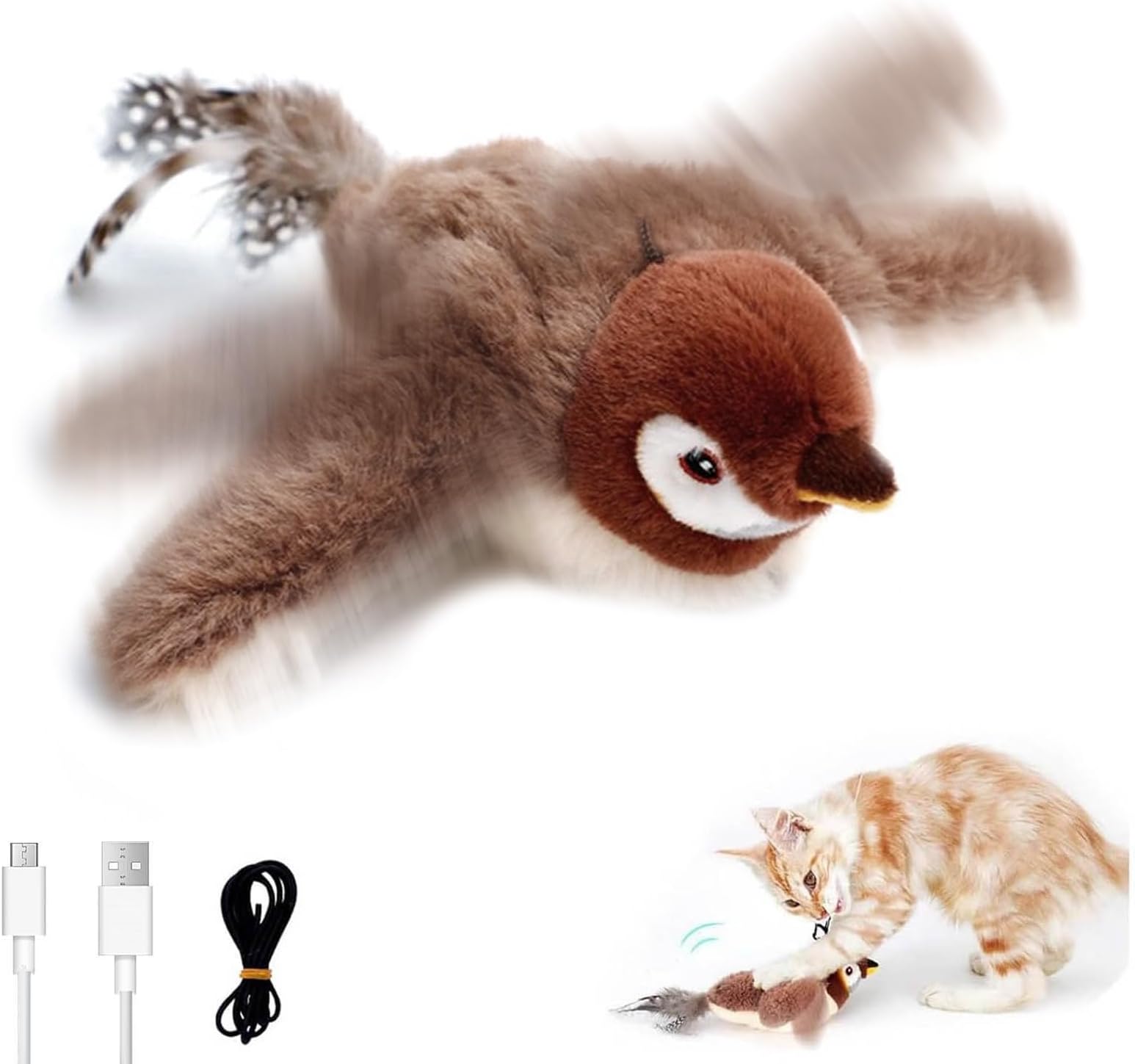 Oiseau en peluche interactif pour chat en plein battement d'ailes avec câble USB et chat jouant