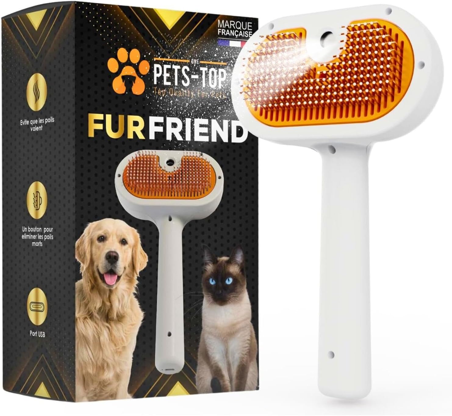 Boîte et aperçu de la brosse vapeur One PETS-TOP Furfriend pour chien et chat
