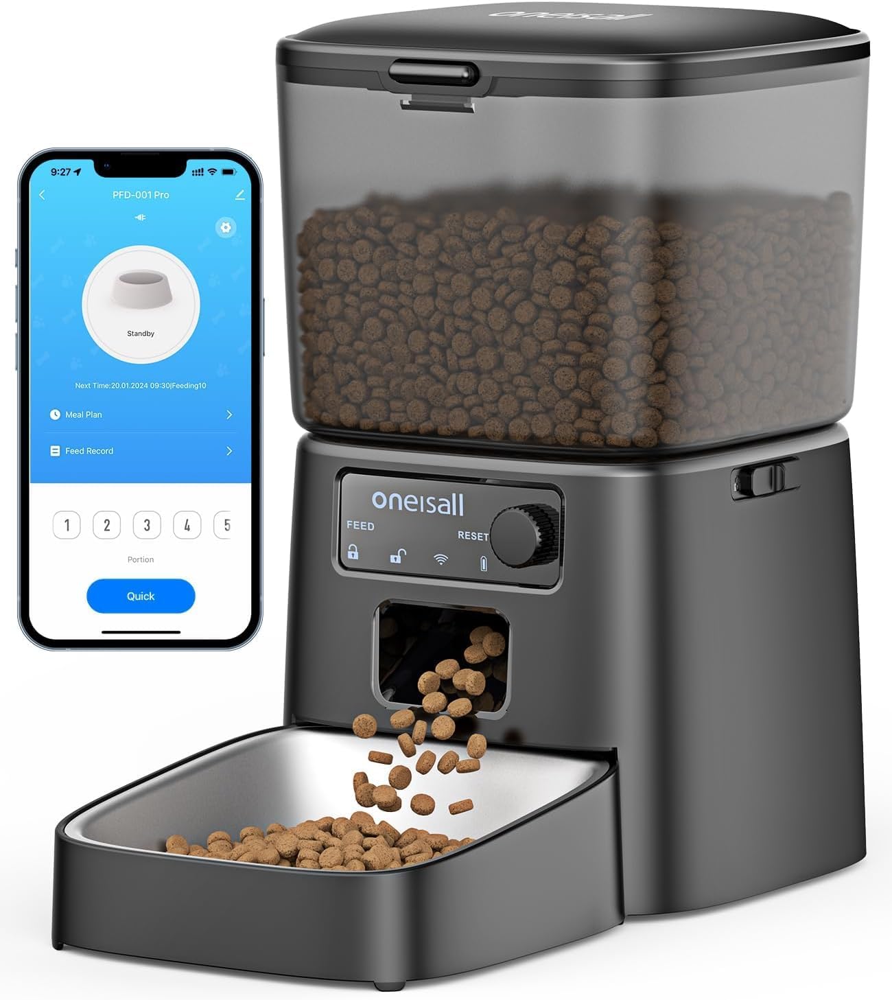 Distributeur automatique de croquettes oneisall PFD-001 de couleur noire, montrant l'application mobile de contrôle sur smartphone, le panneau de commande physique, le réservoir transparent rempli d'aliments secs et le bol en acier inoxydable recevant la nourriture.