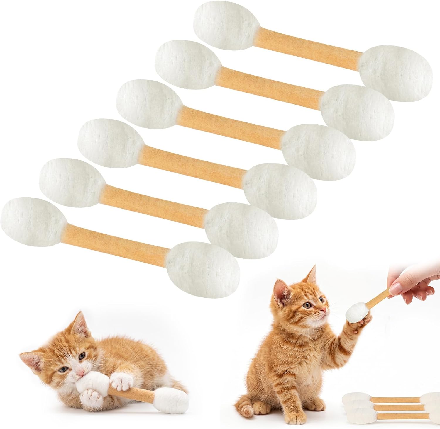 Lot de 6 jouets pour chat en forme de cotons-tiges géants avec un chaton roux jouant avec
