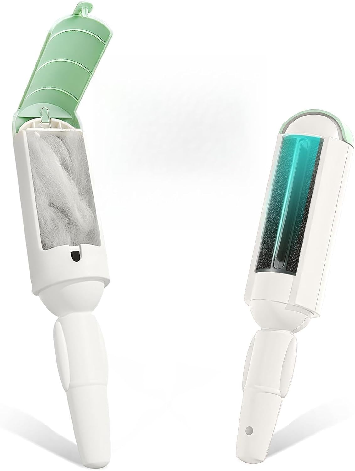 Le rouleau anti-poils PAKEWAY ouvert, montrant le réceptacle rempli de poils et la surface en nylon.