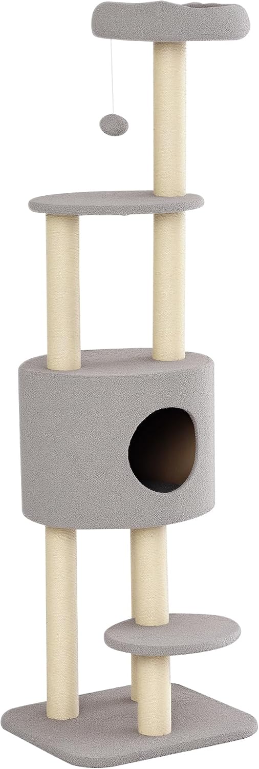Arbre à chat PawHut de couleur beige avec un chat couché sur la plateforme inférieure.