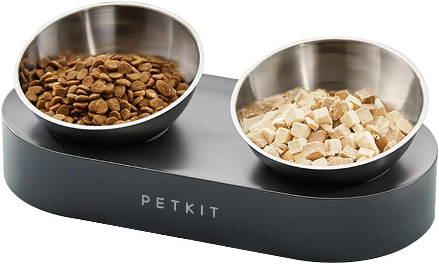 Vue globale de la gamelle double PETKIT avec ses deux bols en acier inoxydable sur fond gris