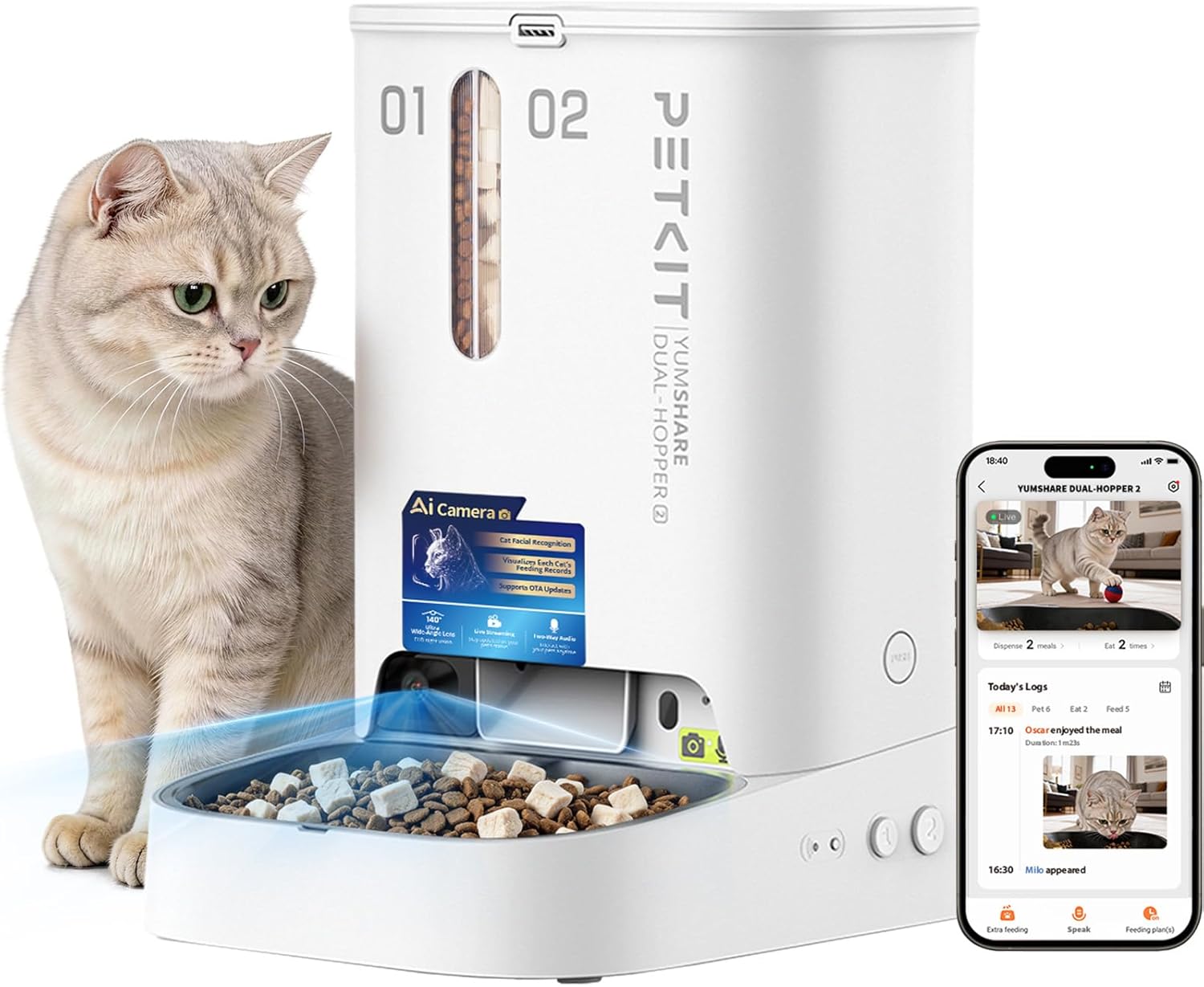 Le distributeur Petkit YumShare Dual-Hopper 2 face à un chat