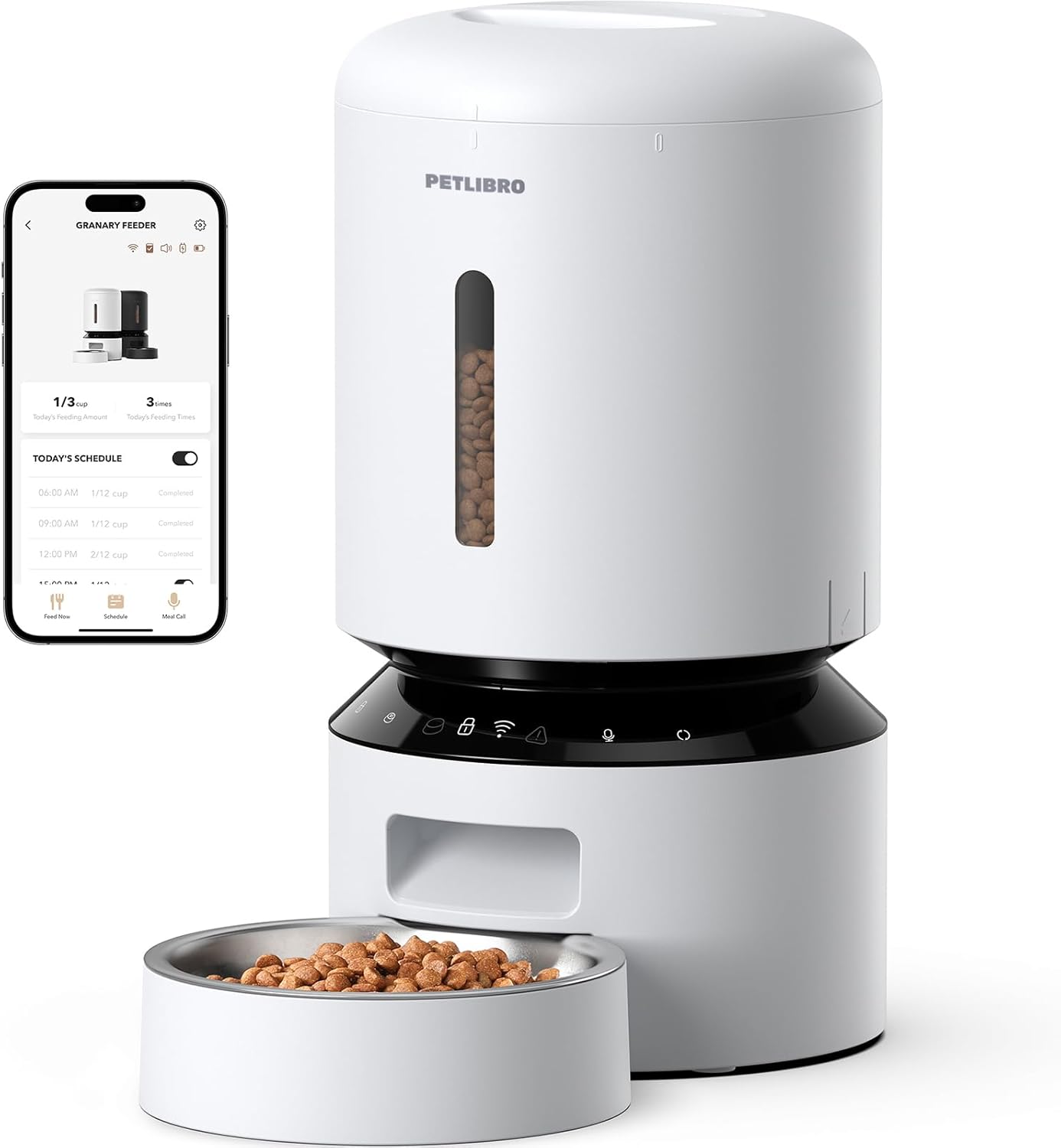 Distributeur automatique Petlibro PLAF103 blanc avec smartphone montrant l'application, réservoir plein et gamelle en inox remplie de croquettes.
