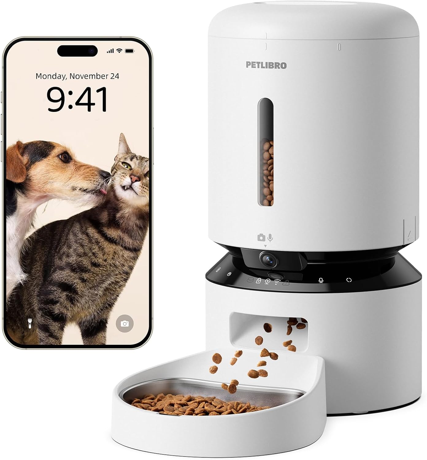 Distributeur Petlibro AF203 blanc avec smartphone montrant l'application et la vidéo de la caméra