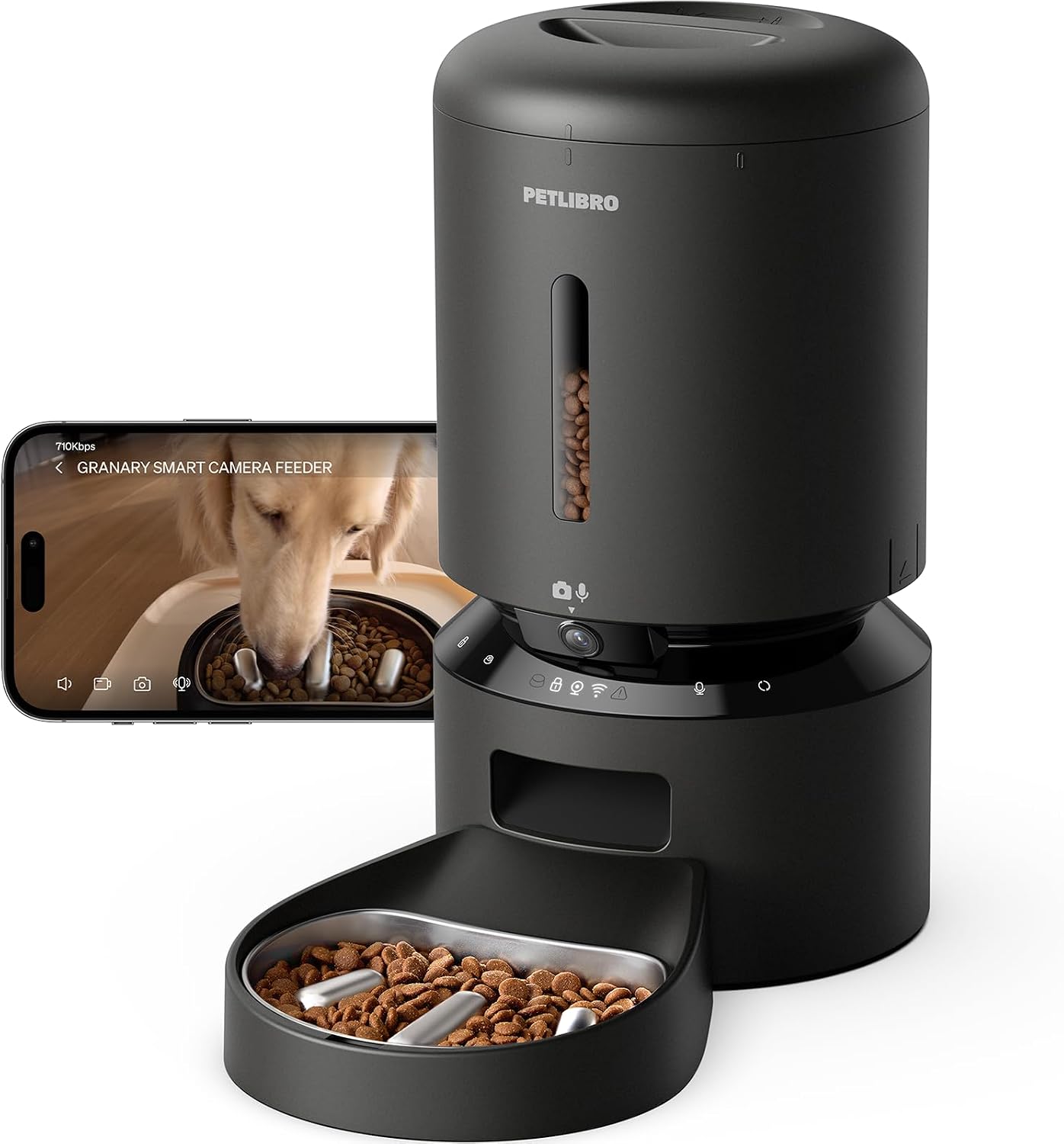 Distributeur Petlibro AF203 noir montrant le bol en acier inoxydable