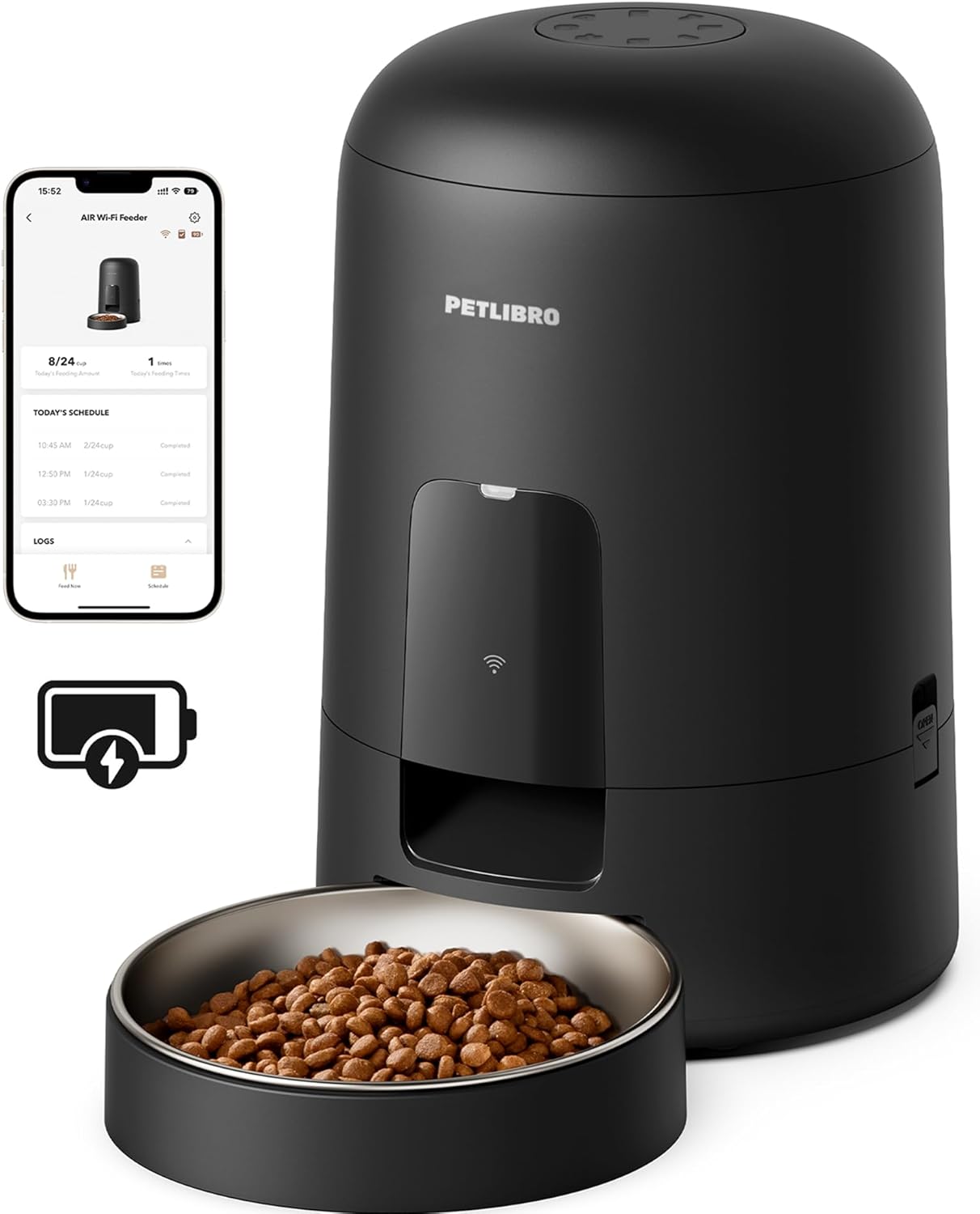 Distributeur automatique de croquettes Petlibro noir avec gamelle remplie et interface de l'application sur smartphone à côté.