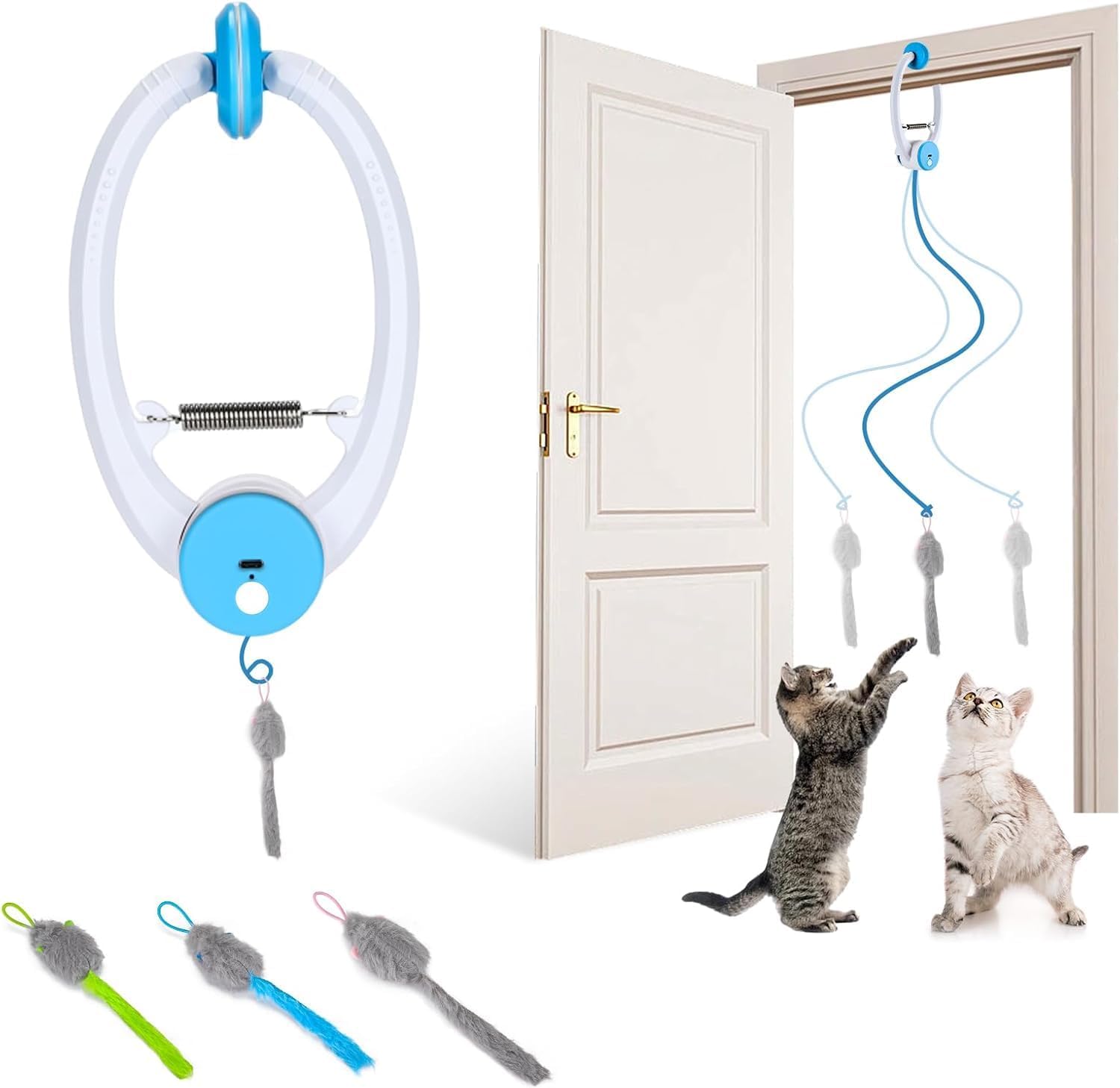 Jouet interactif PETTOM suspendu à un encadrement de porte avec des chats qui jouent en dessous