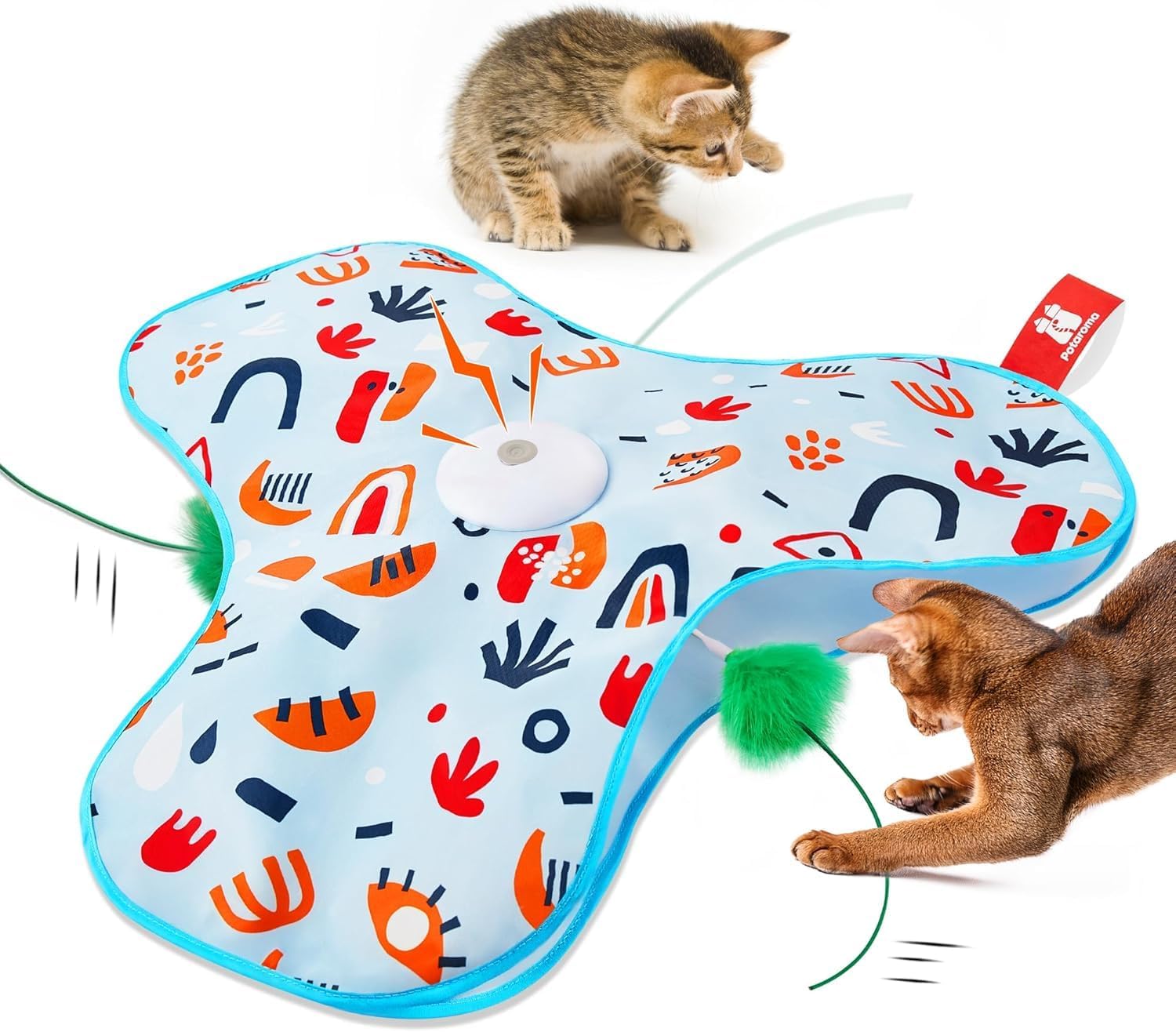 Chat et chaton jouant avec le jouet interactif Potaroma P43-Lan à housse florale
